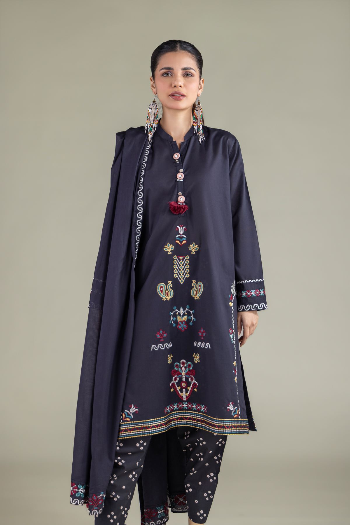Embroidered Cambric Navy Pom-Pom Kurta - 1-26-117-A-E-VG