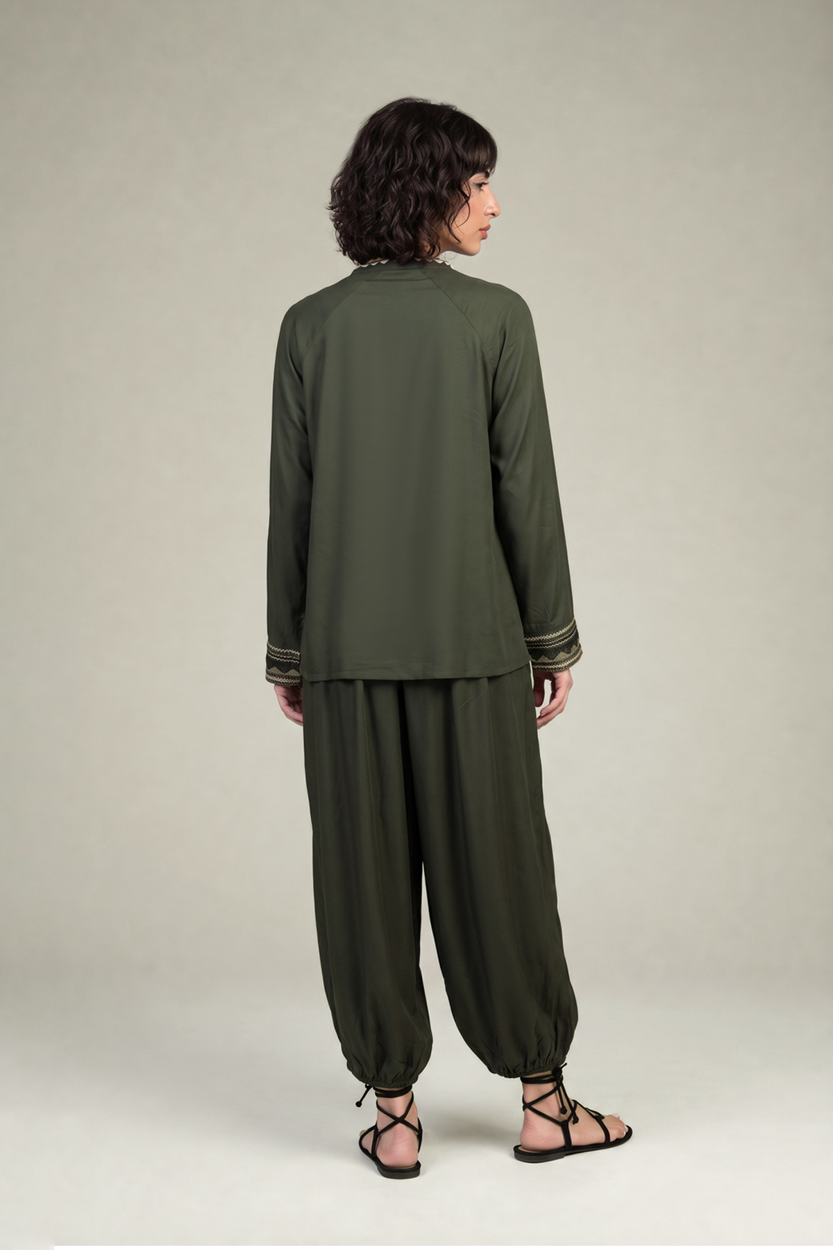 Embroidered Viscose Crepe V-Neck Olive Tunic - 1-26-309-B-D1-VG