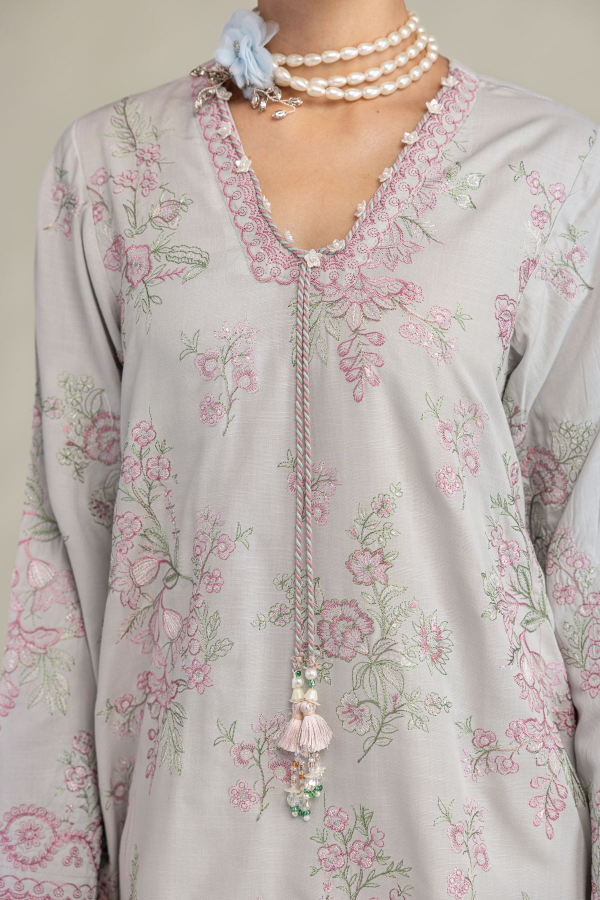Embroidered Raw Silk Floral V-Neck Kurta - 1-26-322-B-A1-VG