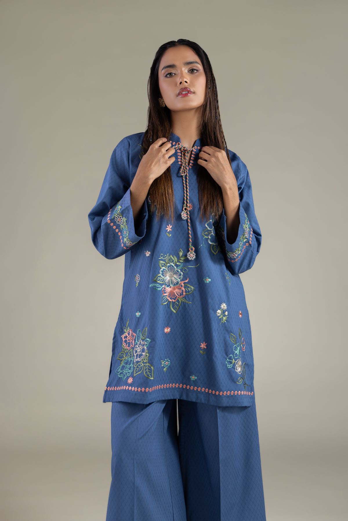 Embroidered Cotton Dobby Floral Drawstring Kurta - 1-26-137-A-A-VG