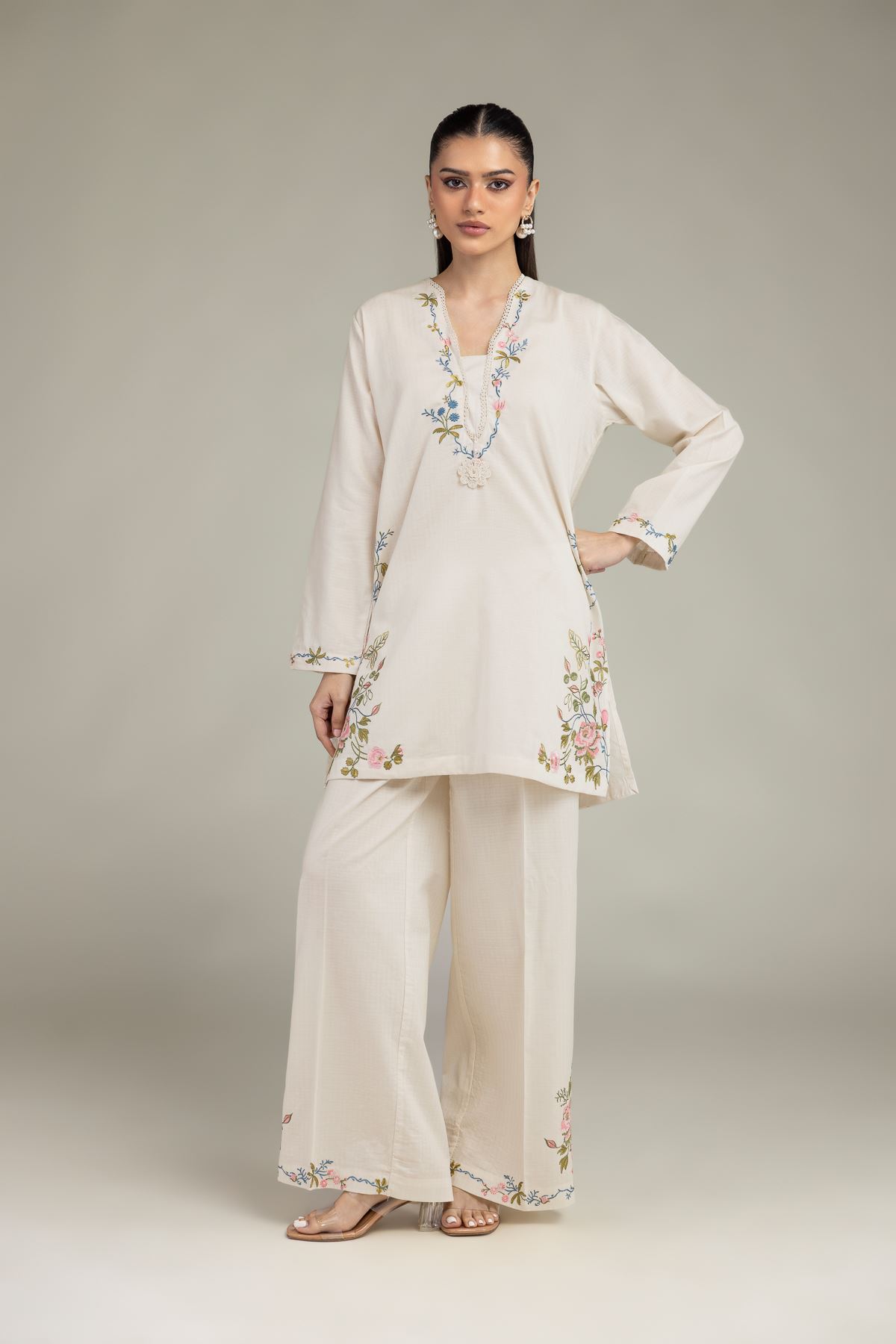 Embroidered Cotton Dobby Cotton V-Neck Kurta - 1-26-203-A-C1-VG