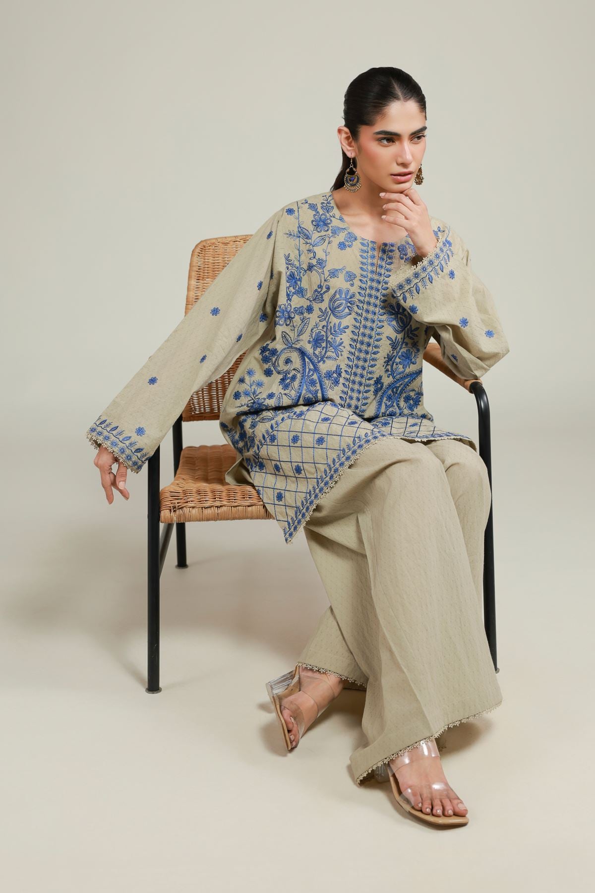 Embroidered Cotton Dobby 2-Piece Tailored Set - 25-09-11E3-11TB-VG