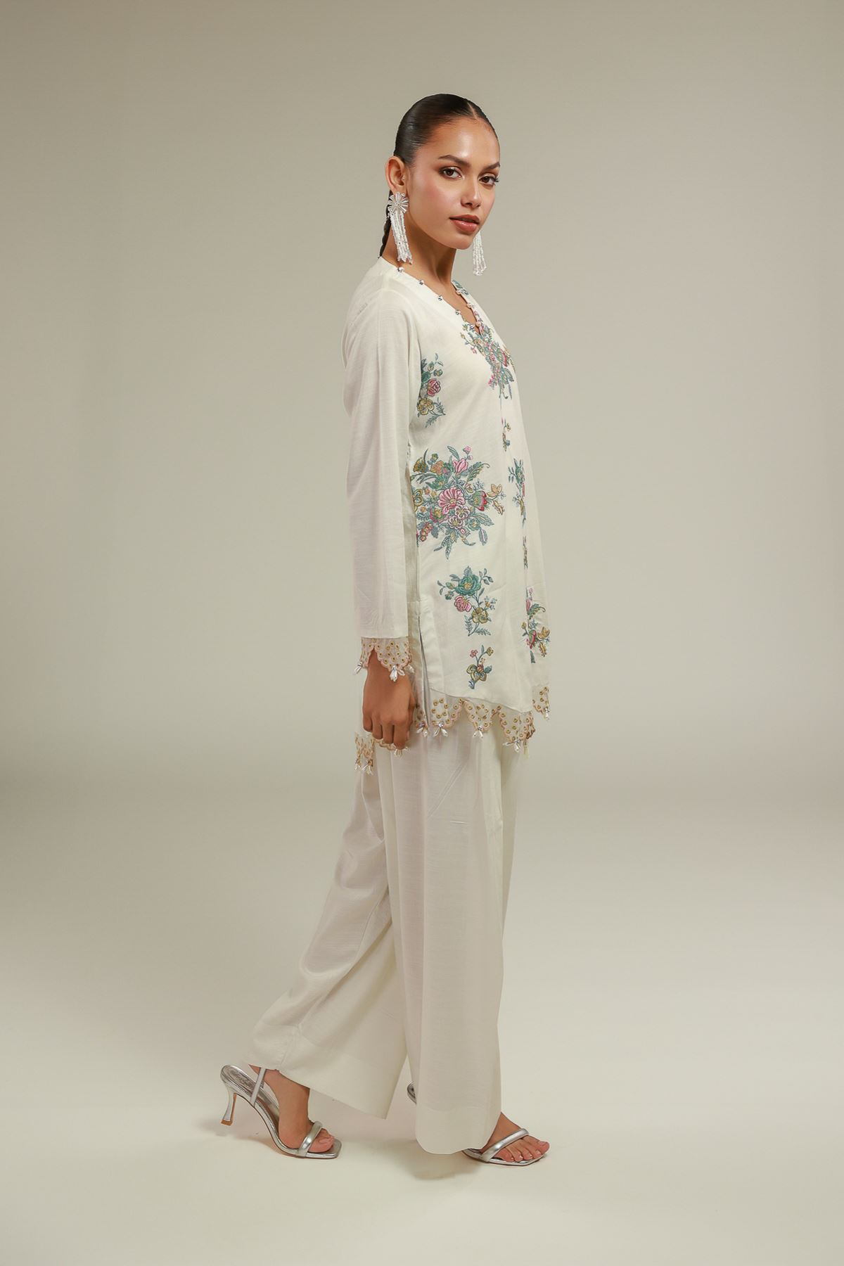 Embroidered Raw Silk Floral V-Neck Kurta - 1-26-146-A-D-VG