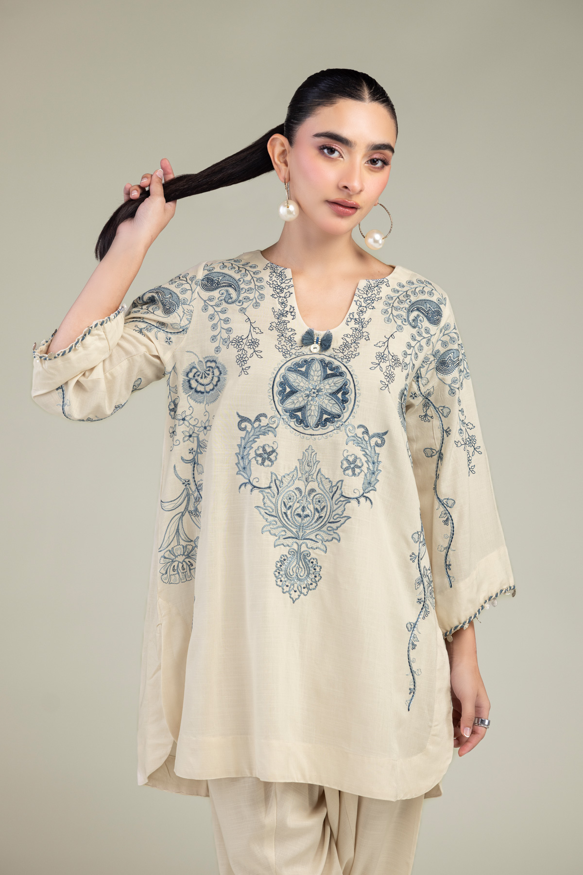 Embroidered Raw Silk Short Silk Kurta - 1-26-309-B-D1-VG