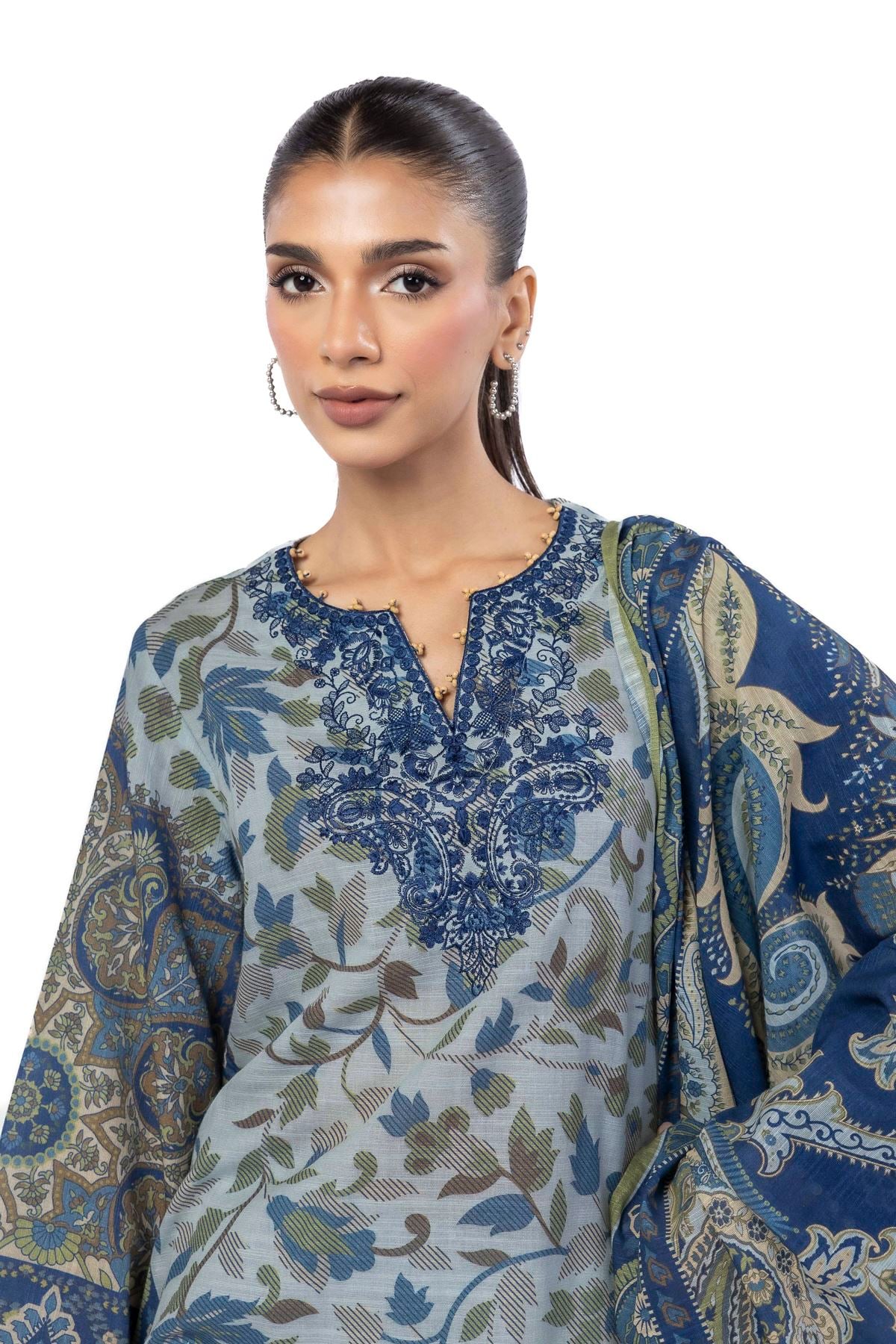 Embroidered Slub Cotton Tailored 3 Piece - CV05AST-VG