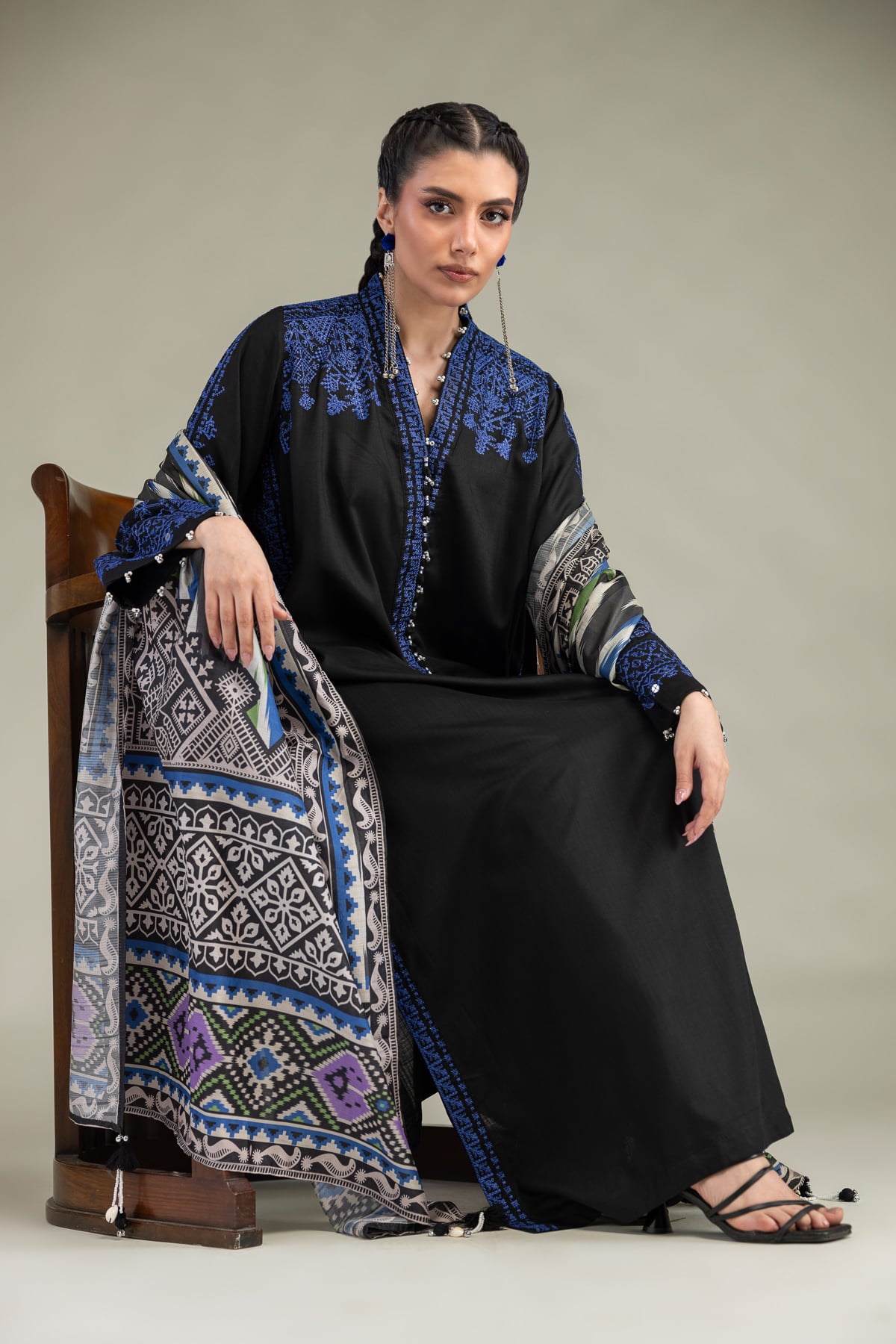 Embroidered Raw Silk V-Neck Longline Kurta - 1-26-322-B-A1-VG