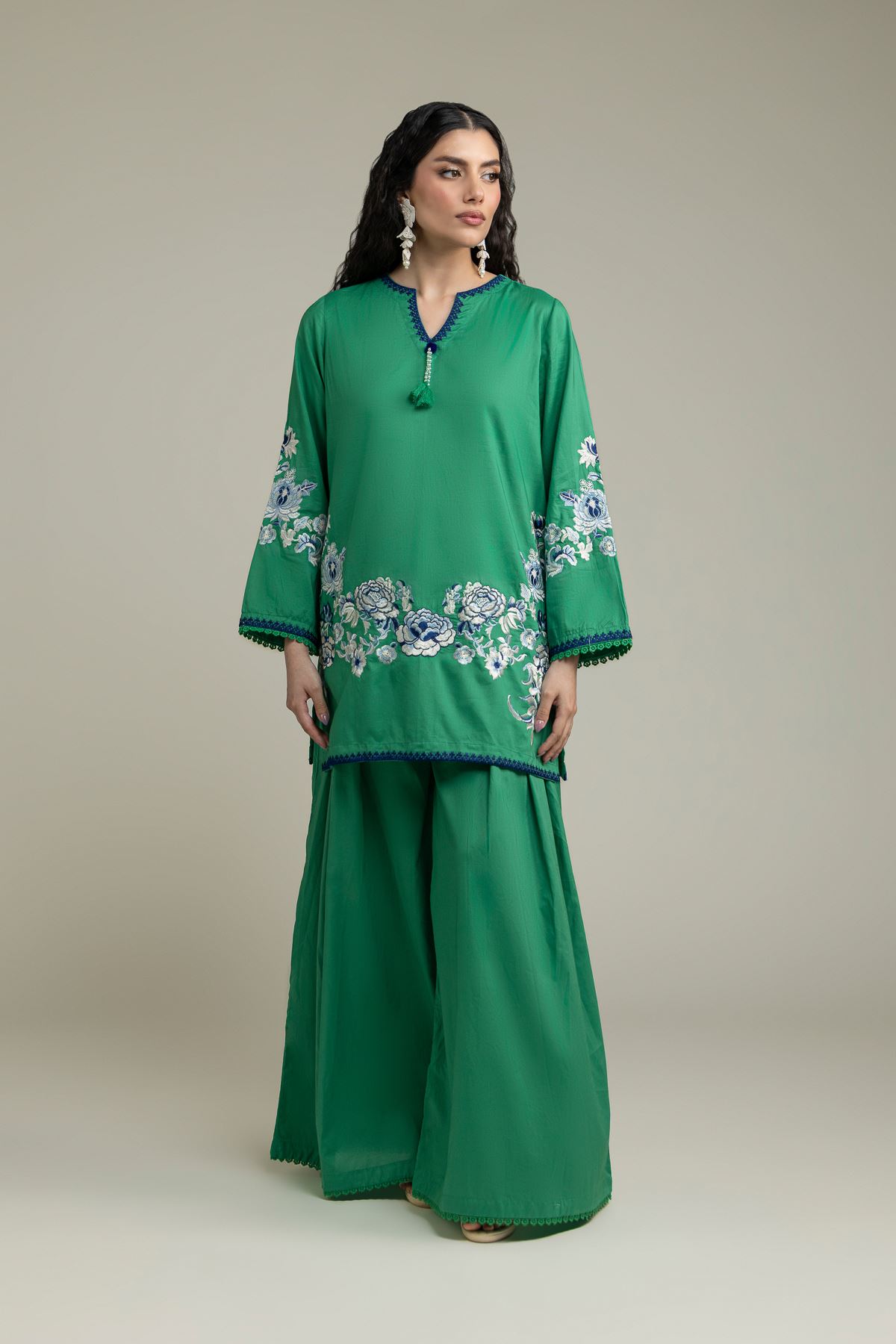 Embroidered Cambric Solid Green Pants - 1-26-231-A-D1-VG