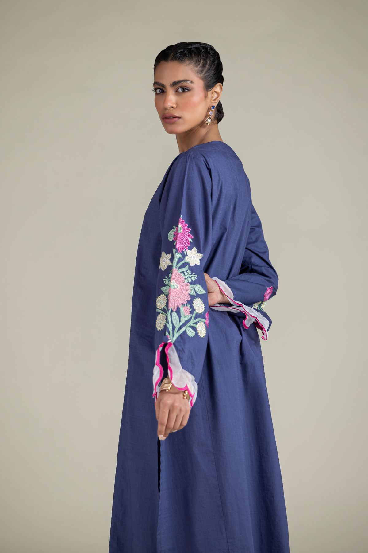 Embroidered Textured Cotton Floral Longline Kurta - 25-09-10E2-06TA-VG