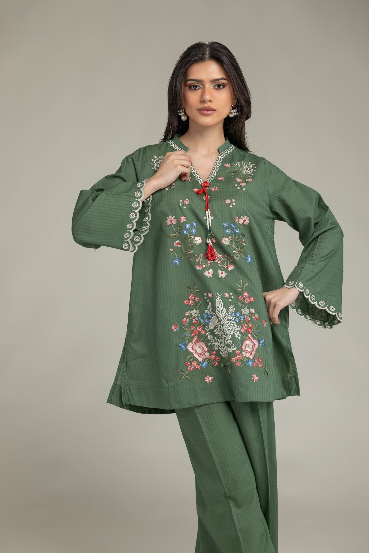 Embroidered Cotton Dobby Short Green Kurta - 2-26-210-A-C1-VG