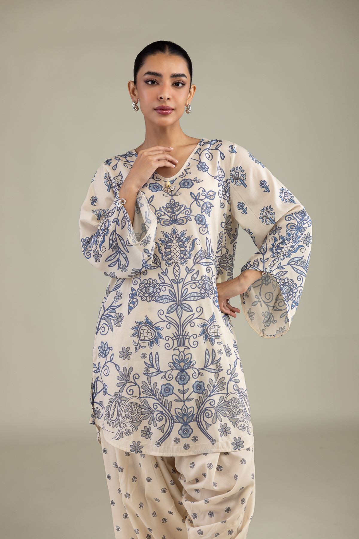 Printed Textured Weave Short Floral Kurta - 1-26-250-B-H1-VG