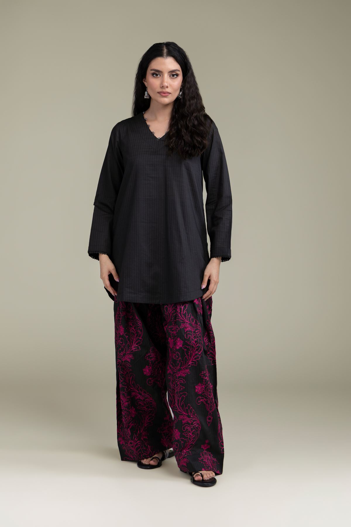 Embroidered Cotton Dobby Black Cotton Pants - 25-10-12E6-04TB-VG
