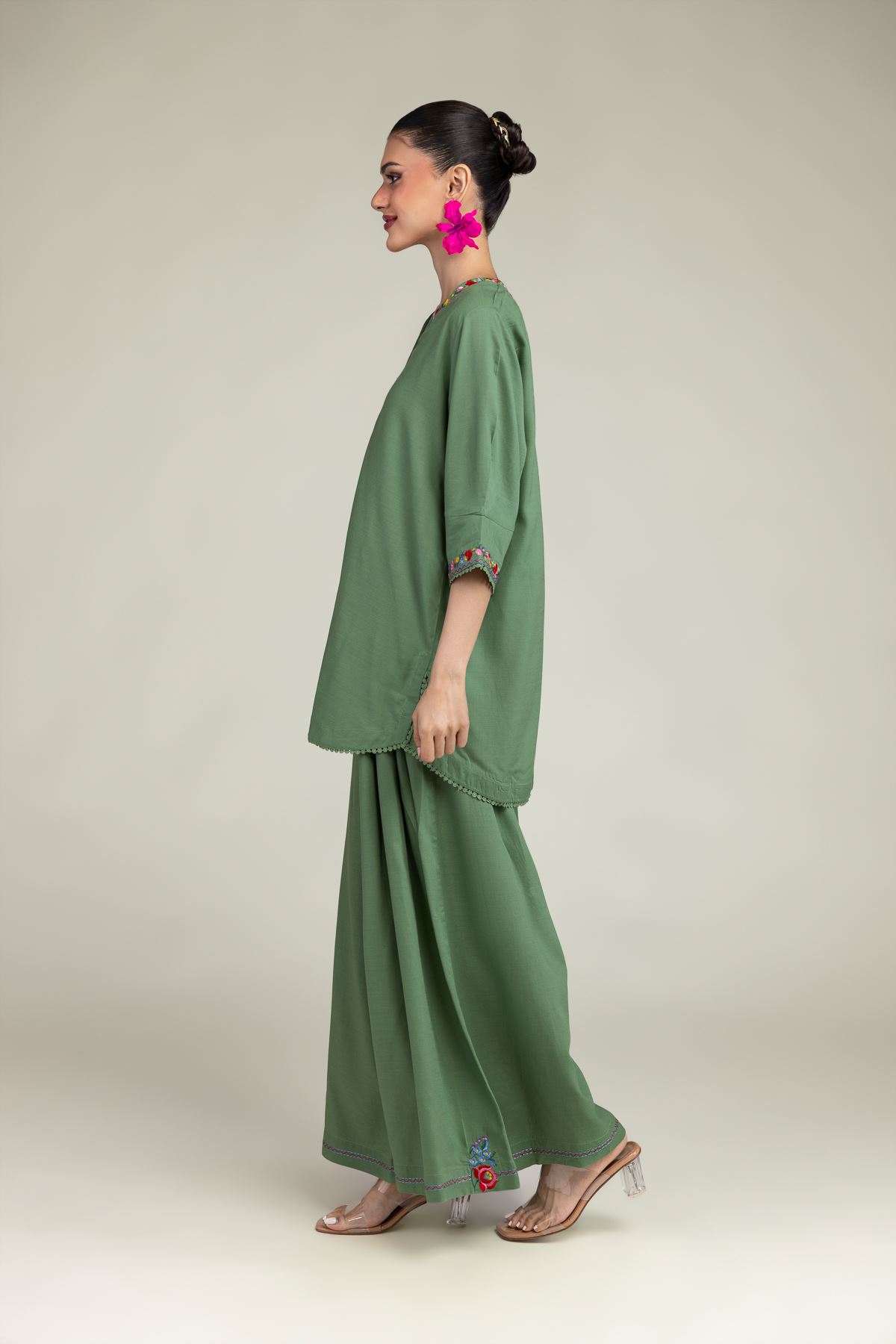 Embroidered Raw Silk Green Solid Pants - 1-26-203-A-C1-VG