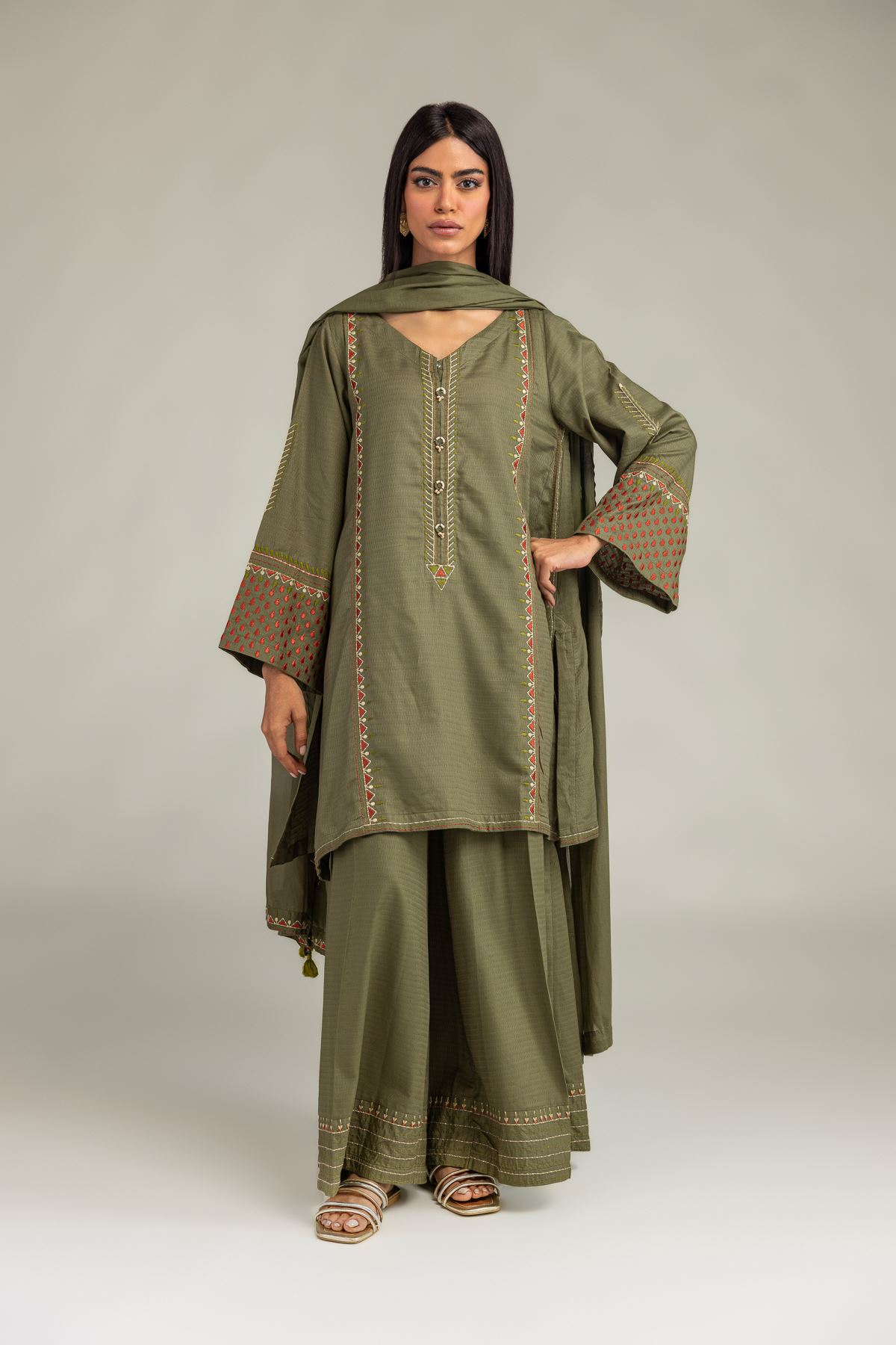 Embroidered Lawn Olive Lawn Dupatta - 2-26-308-A-G1-VG