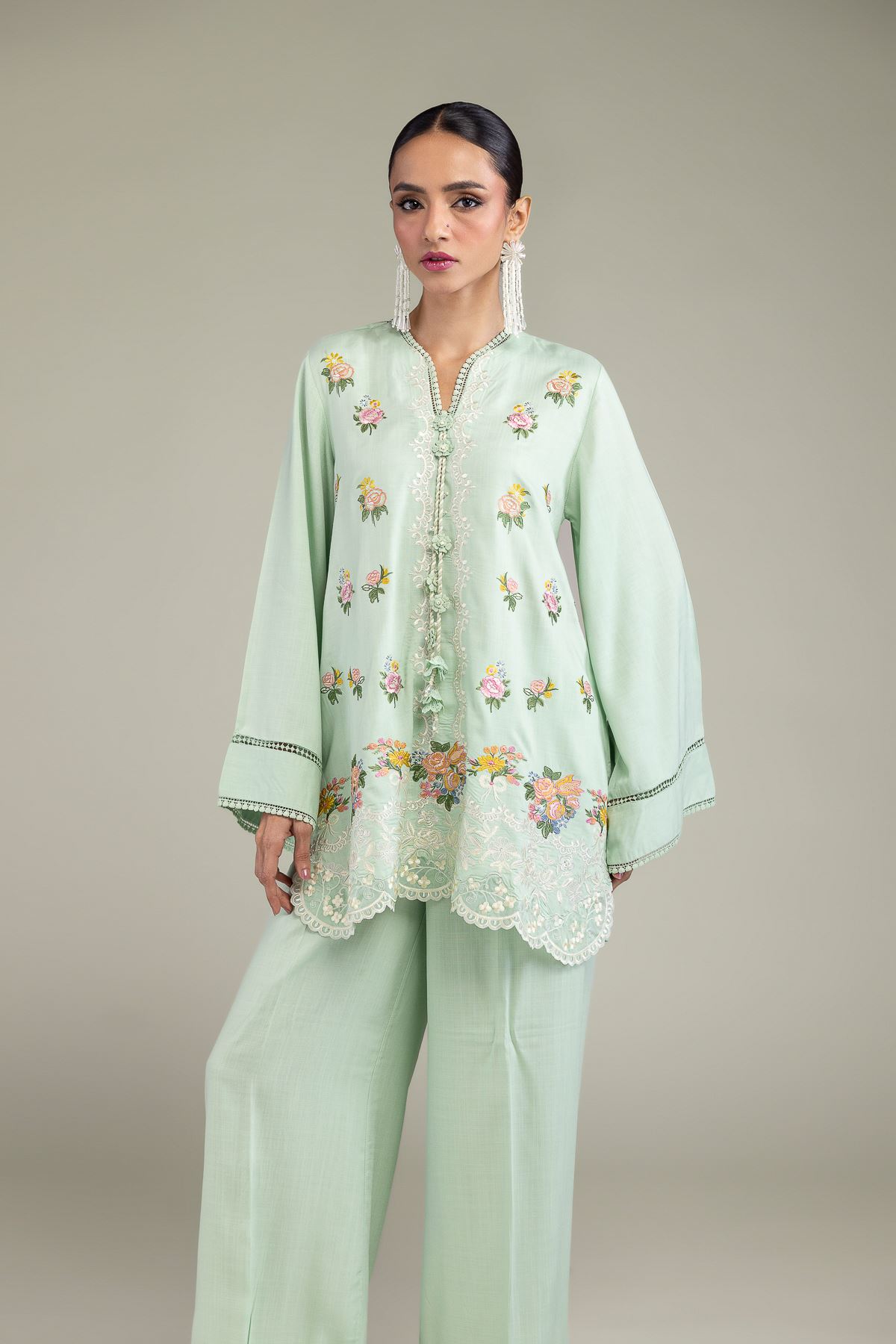 Embroidered Raw Silk Mint Silk Kurta - T-A11-26-114FF1-VG