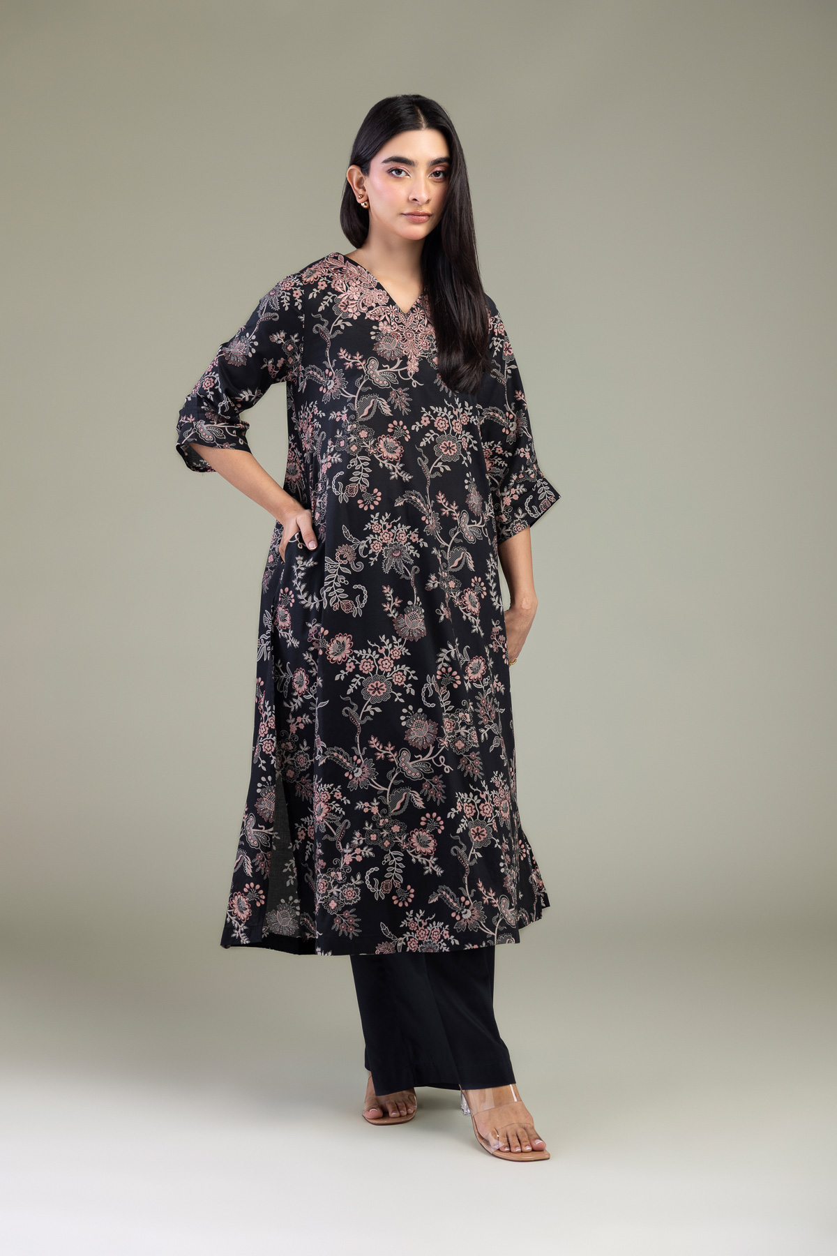 Embroidered Cambric Black Solid Pants - 1-26-102-A-F-VG