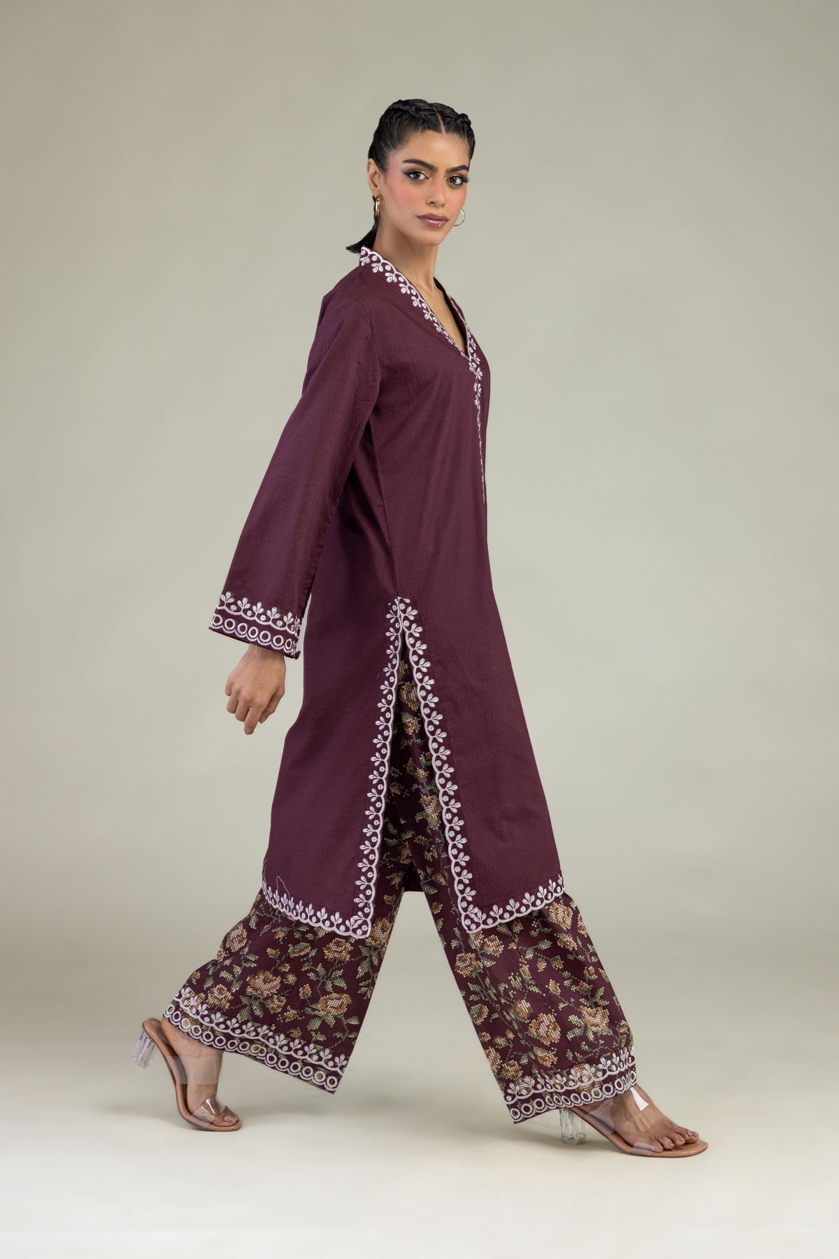 Embroidered Cotton Dobby Floral Cotton Pants - 25-09-11E13-06TA-VG