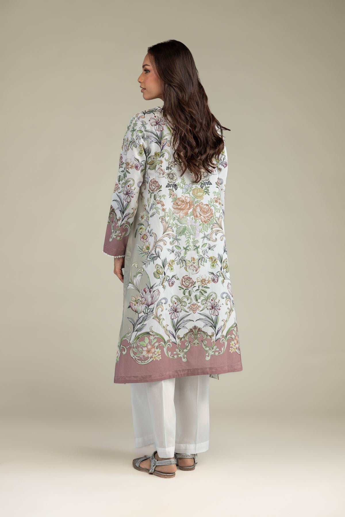 Printed Cambric Floral Longline Kurta - 1-26-243-B-B2-VG