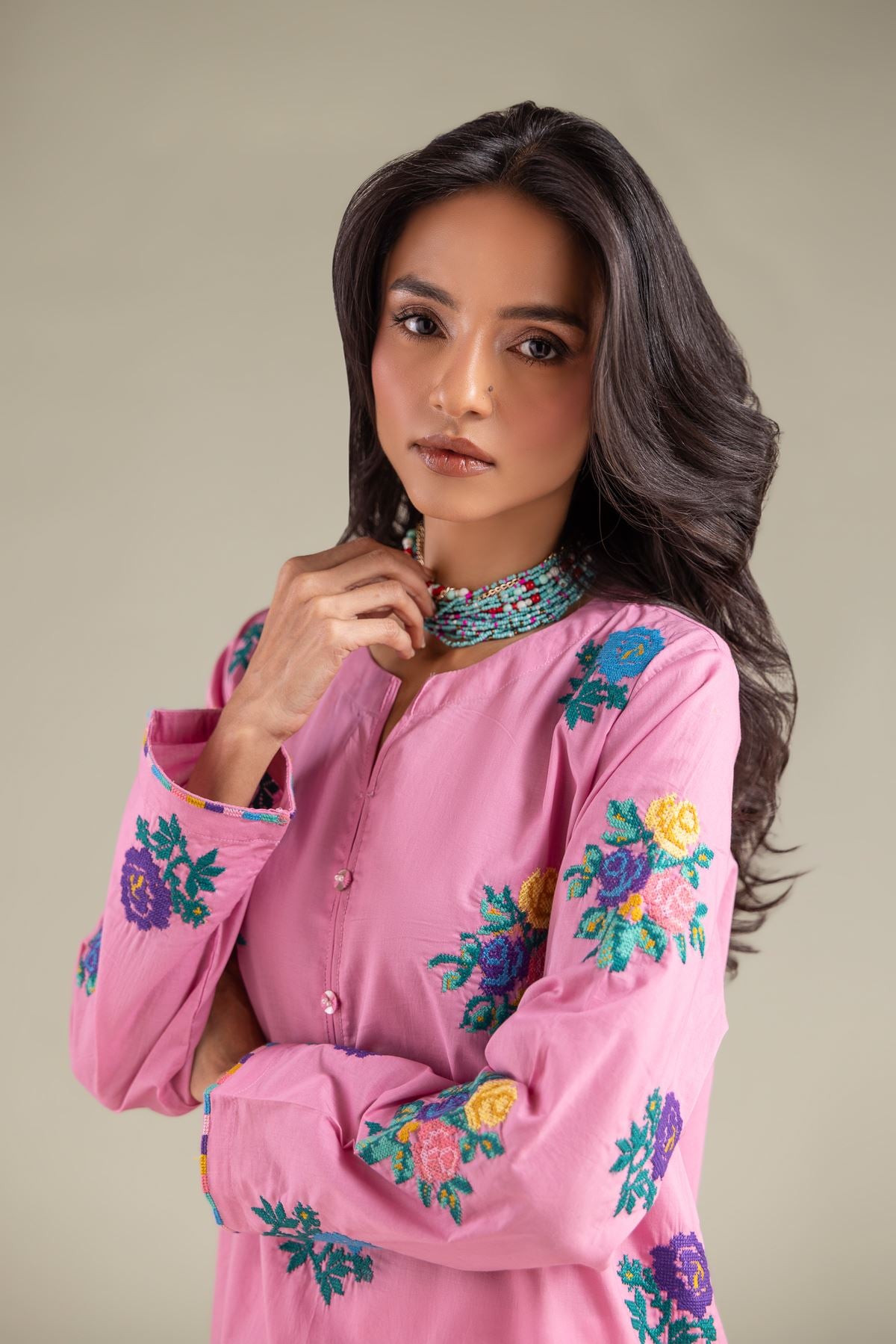 Embroidered Cambric Floral Buttoned Kurta - 1-26-108-A-F-VG