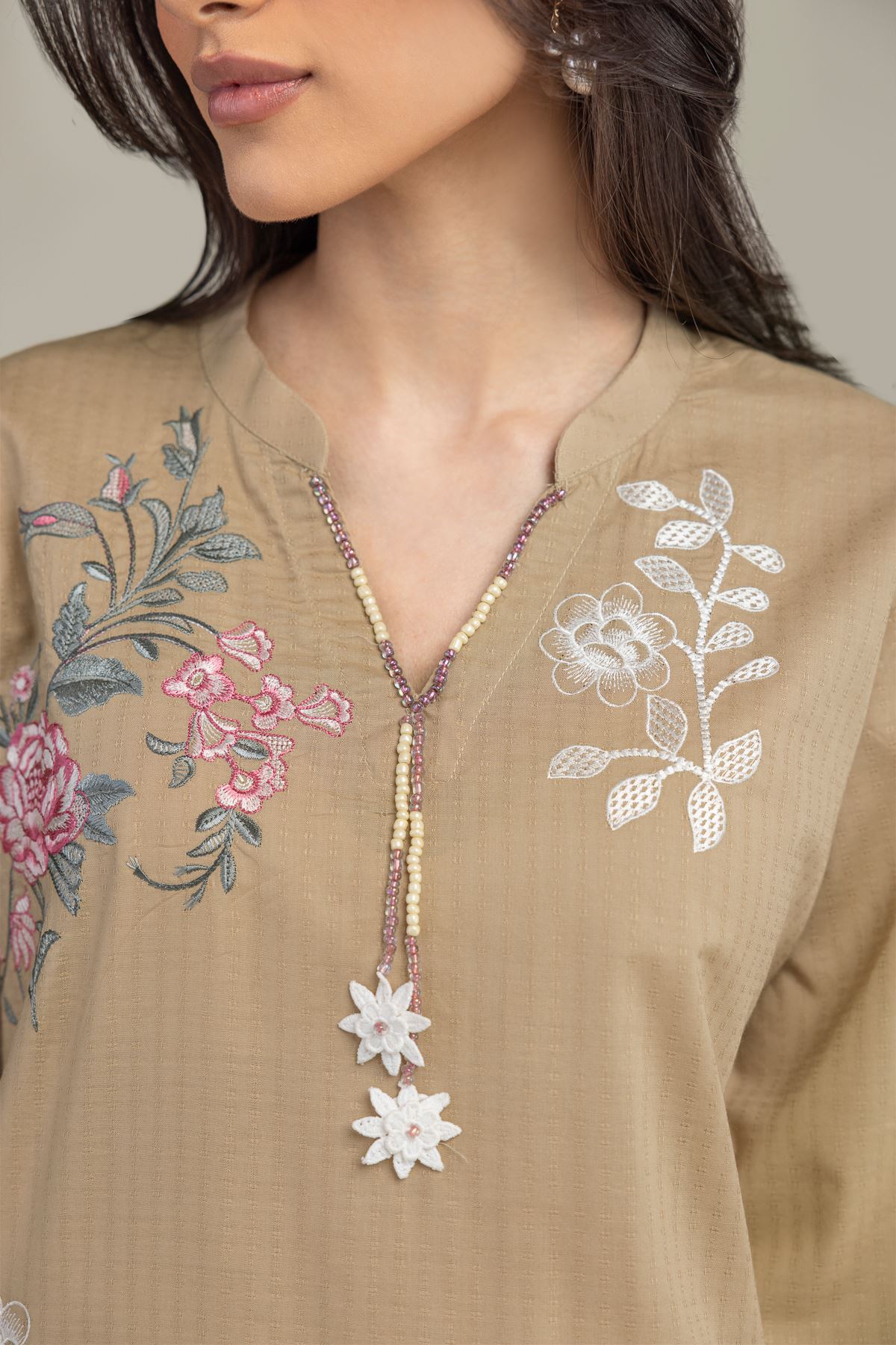 Embroidered Cotton Dobby Floral V-Neck Kurta - 1-26-245-A-J1-VG