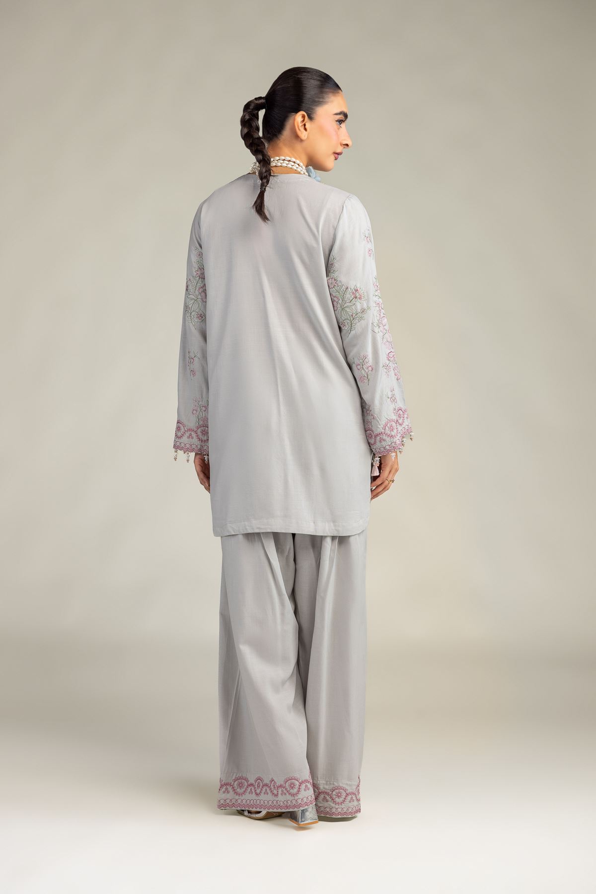 Embroidered Raw Silk Floral V-Neck Kurta - 1-26-322-B-A1-VG
