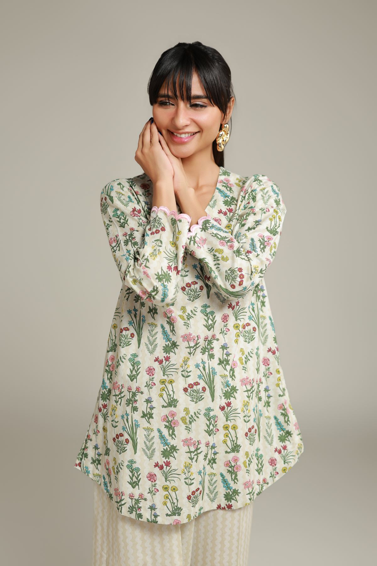 Embroidered Cotton Dobby Floral V-Neck Kurta - 1-26-132-A-D-VG