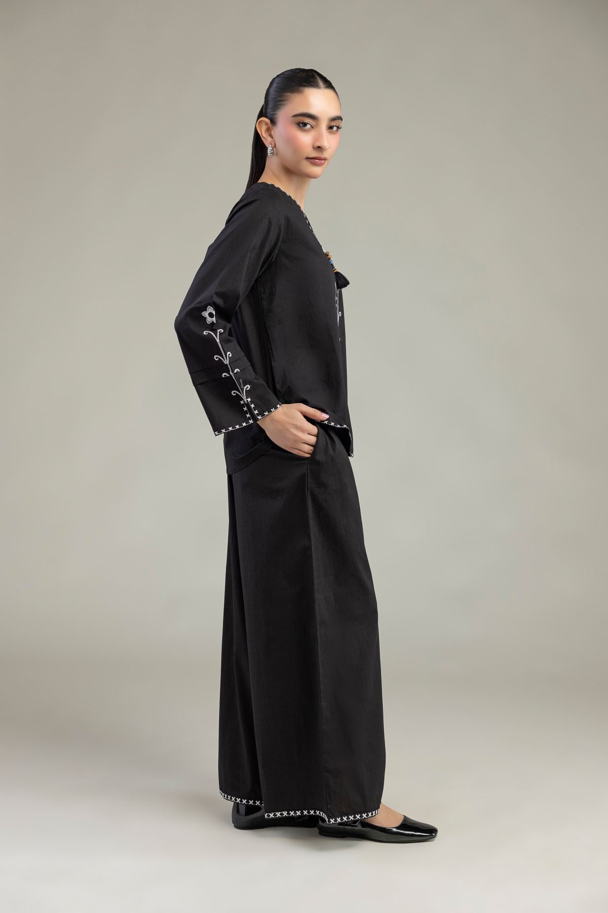 Embroidered Textured Cotton Black Cotton Trousers - 6-26-204-A-B1-VG