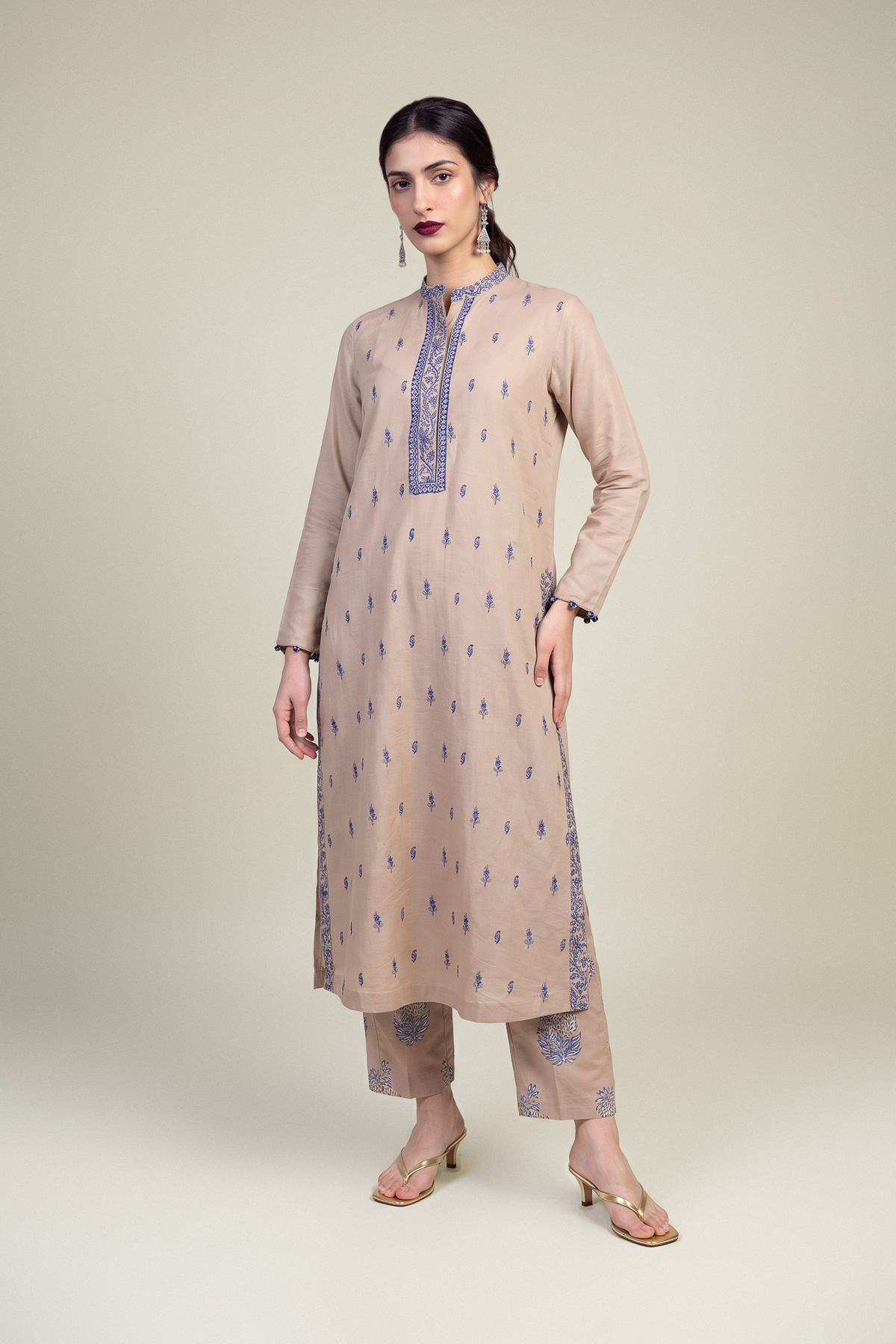 Embroidered Raw Silk Beige Silk Pants - 1-26-102-A-F-VG