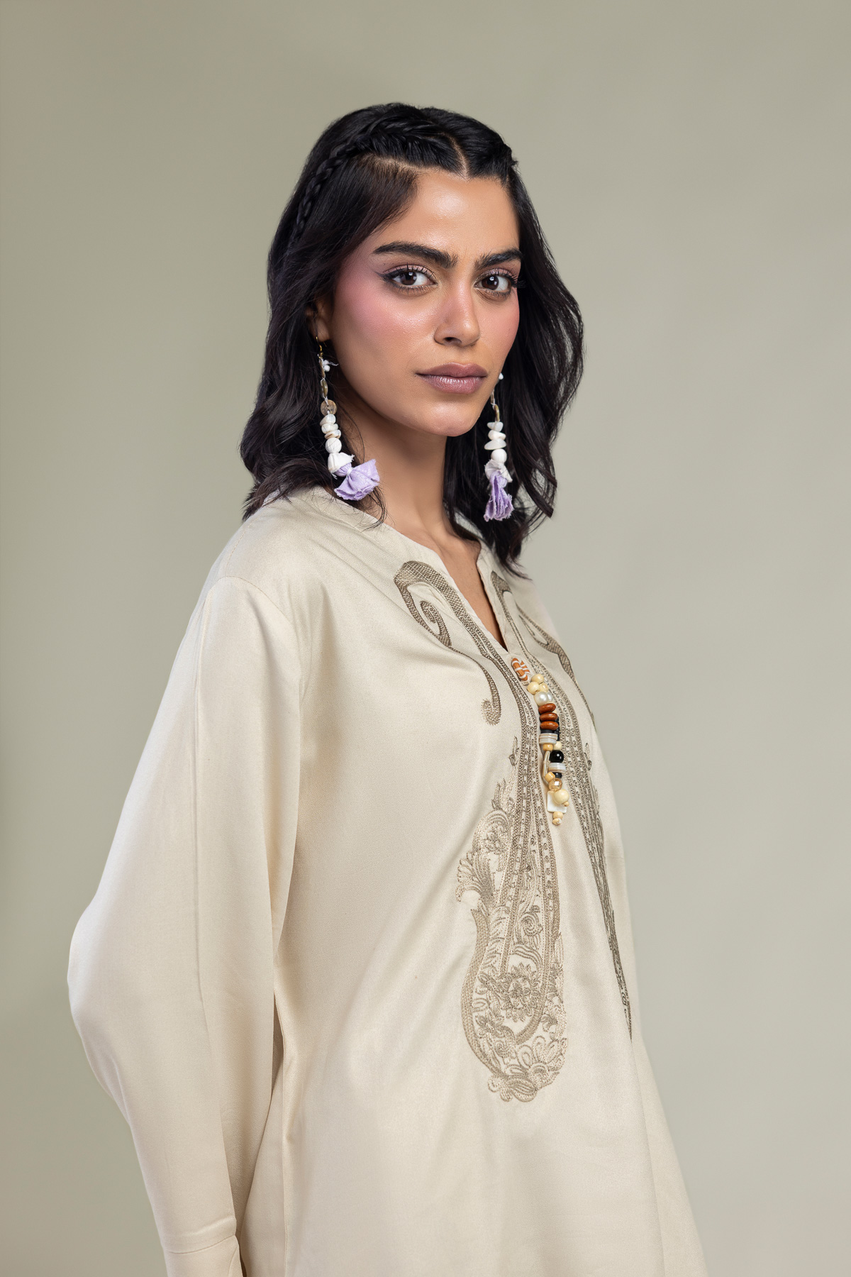 Embroidered Viscose Crepe Short V-Neck Tunic - 1-26-250-B-H1-VG