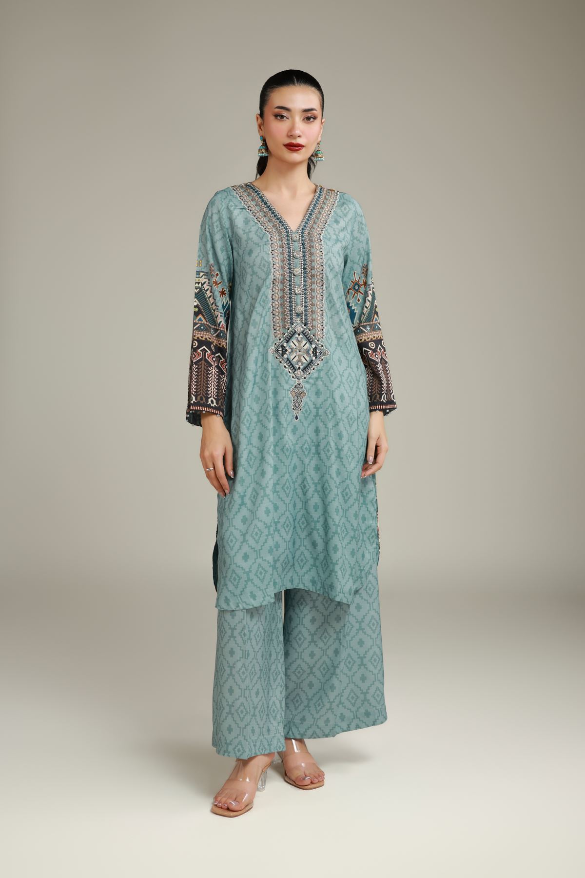 Embroidered Raw Silk Teal Longline Kurta - 1-26-101-A-D-VG