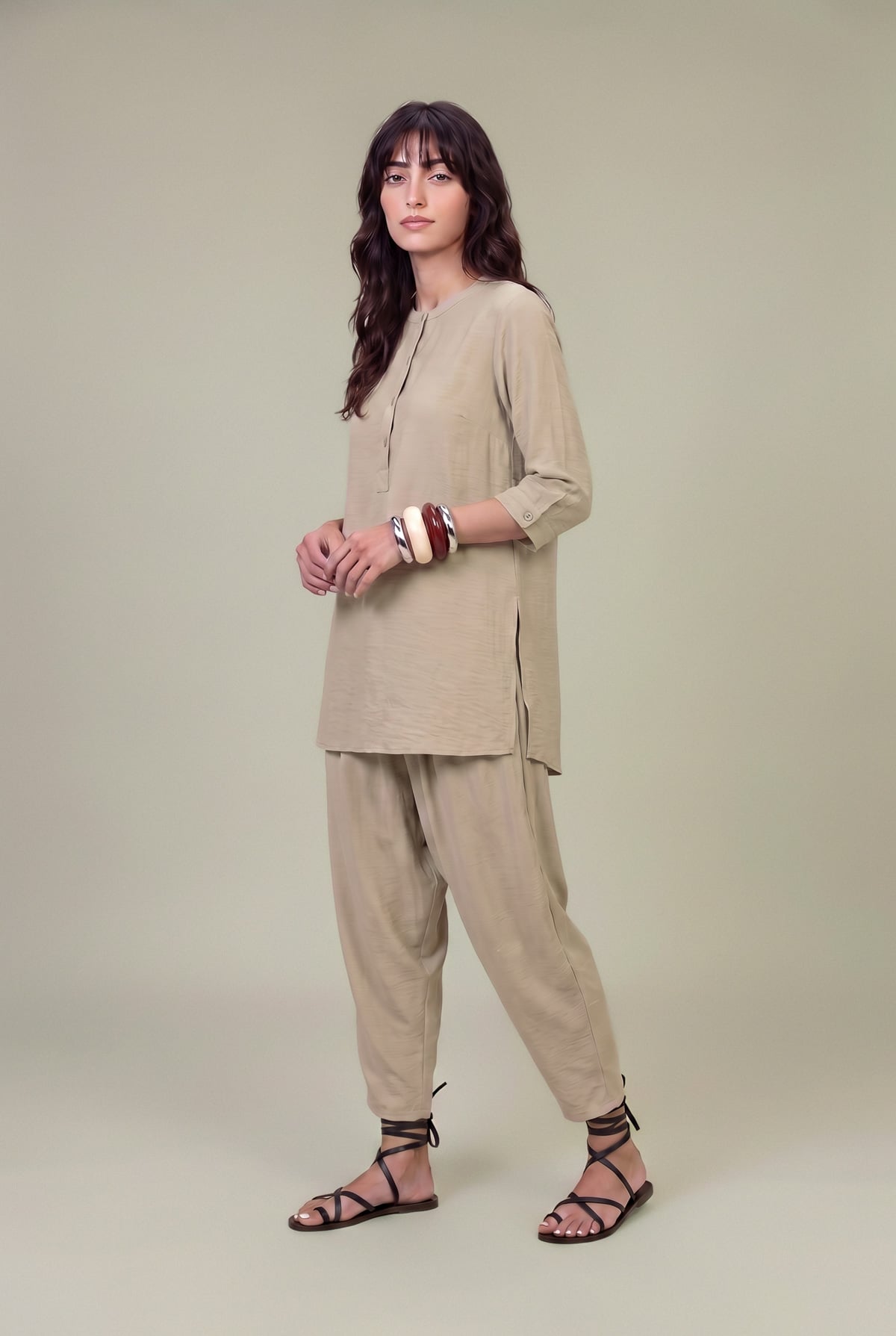Dyed Textured Georgette Solid Beige Trousers - 14-26-302-B-C1-VG