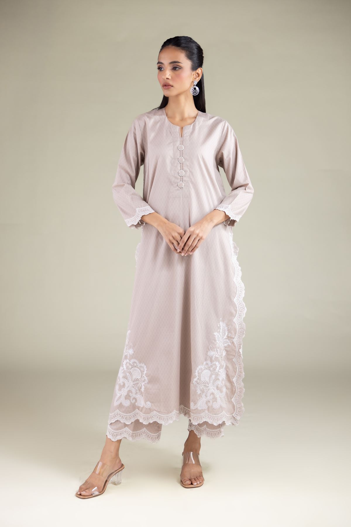 Embroidered Cotton Dobby Lace Longline Kurta - 1-26-125-A-D-VG