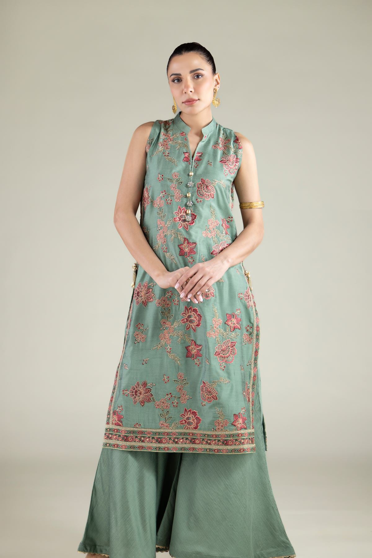 Embroidered Raw Silk Sleeveless Longline Kurta - 2-26-102-A-H-VG