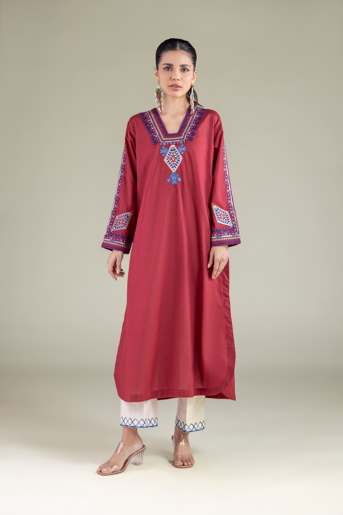 Embroidered Cambric V-Neck Geometric Kurta - 1-26-137-A-F-VG