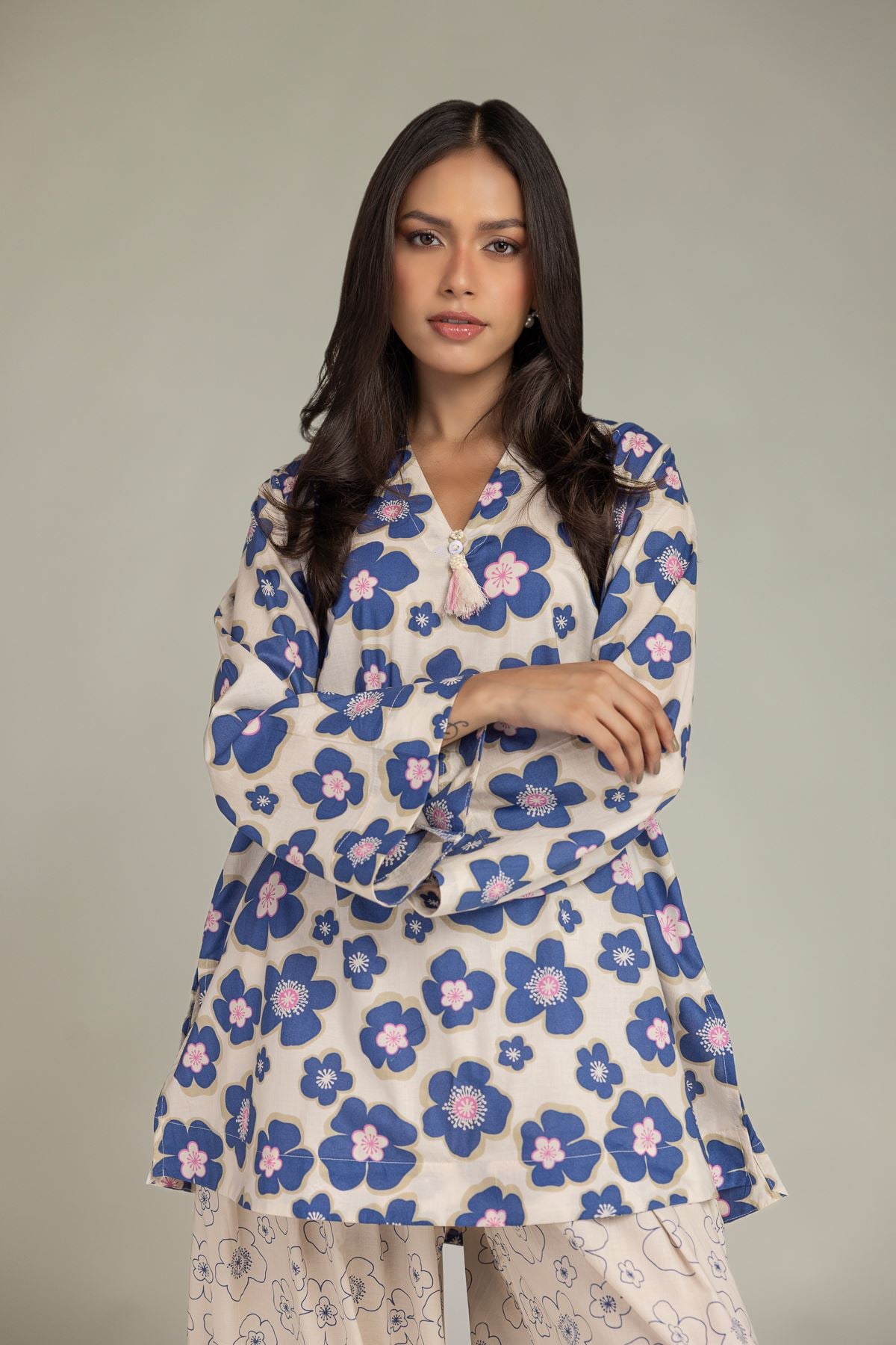 Printed Cambric Floral V-Neck Kurta - 5-26-105-F-A-VG