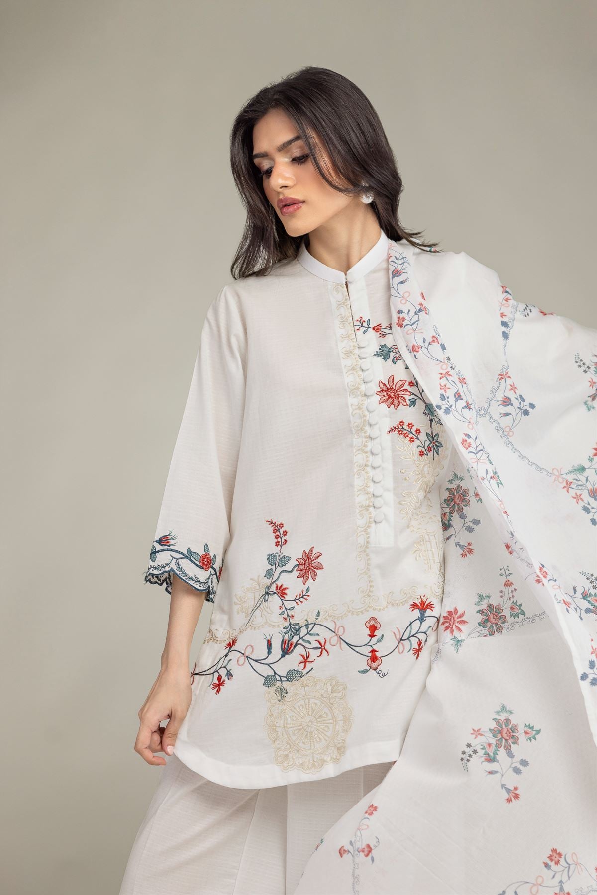 Embroidered Cotton Net Floral Cotton Dupatta - 1-26-225-A-F1-VG