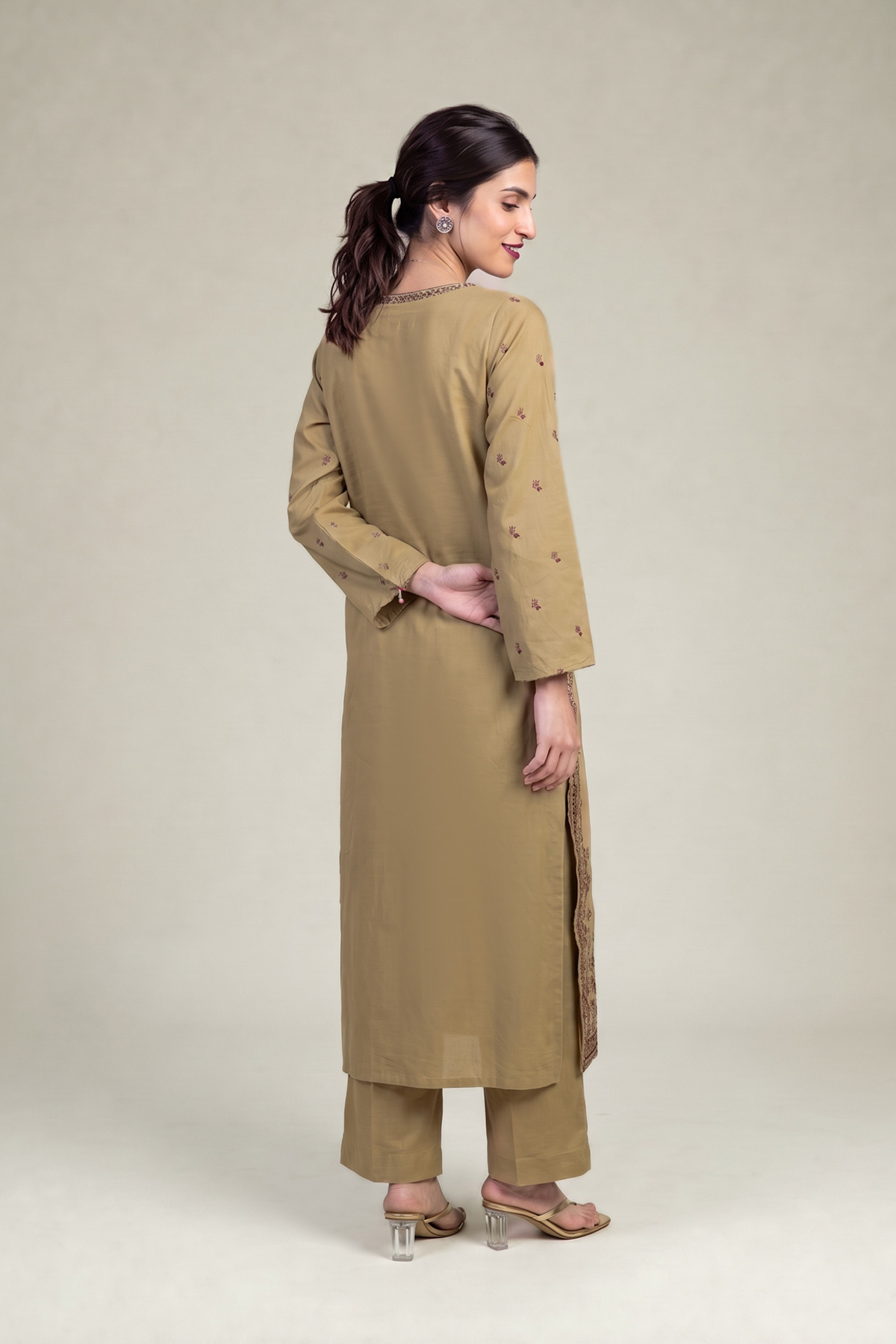 Embroidered Raw Silk Olive Silk Kurta - 1-26-309-B-D1-VG
