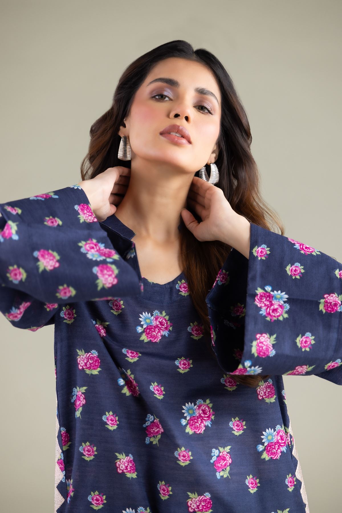 Embroidered Textured Cotton Floral Longline Kurta - 1-26-130-A-B-VG