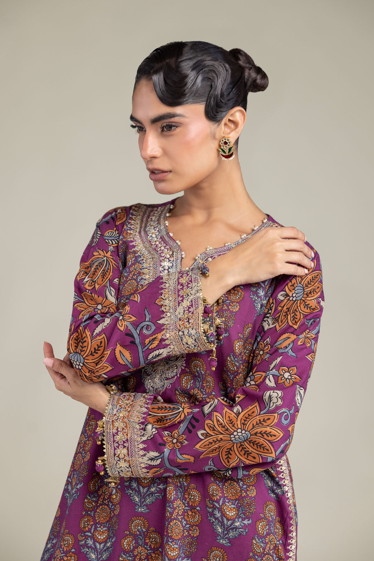 Embroidered Raw Silk Floral Short Kurta - 1-26-102-A-F-VG
