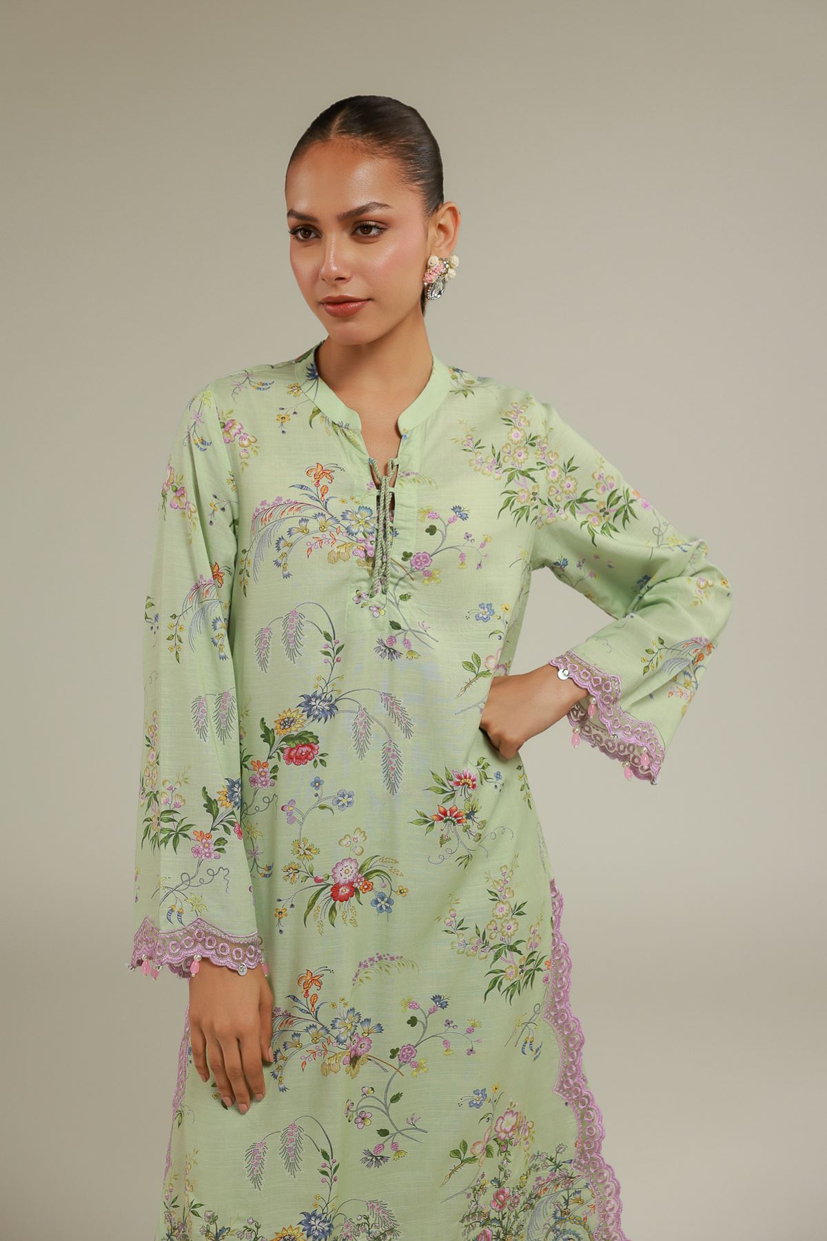 Embroidered Raw Silk Floral Longline Kurta - 25-00-X2-08TB-VG