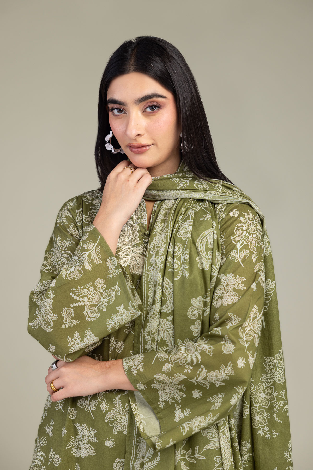 Embroidered Lawn Olive Floral Dupatta - 1-26-309-B-D1-VG