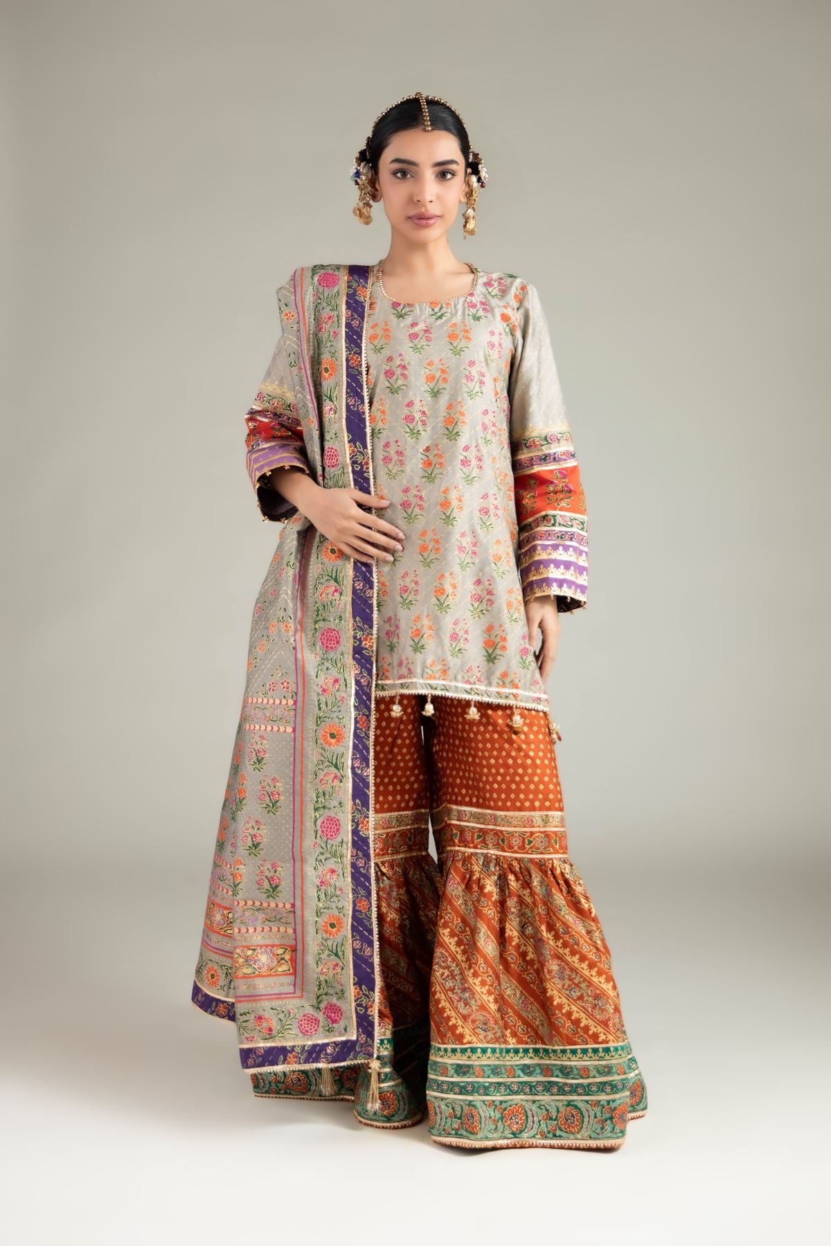 Printed Raw Silk 3 Piece Co-ord Set - 5-26-103-F-F-VG