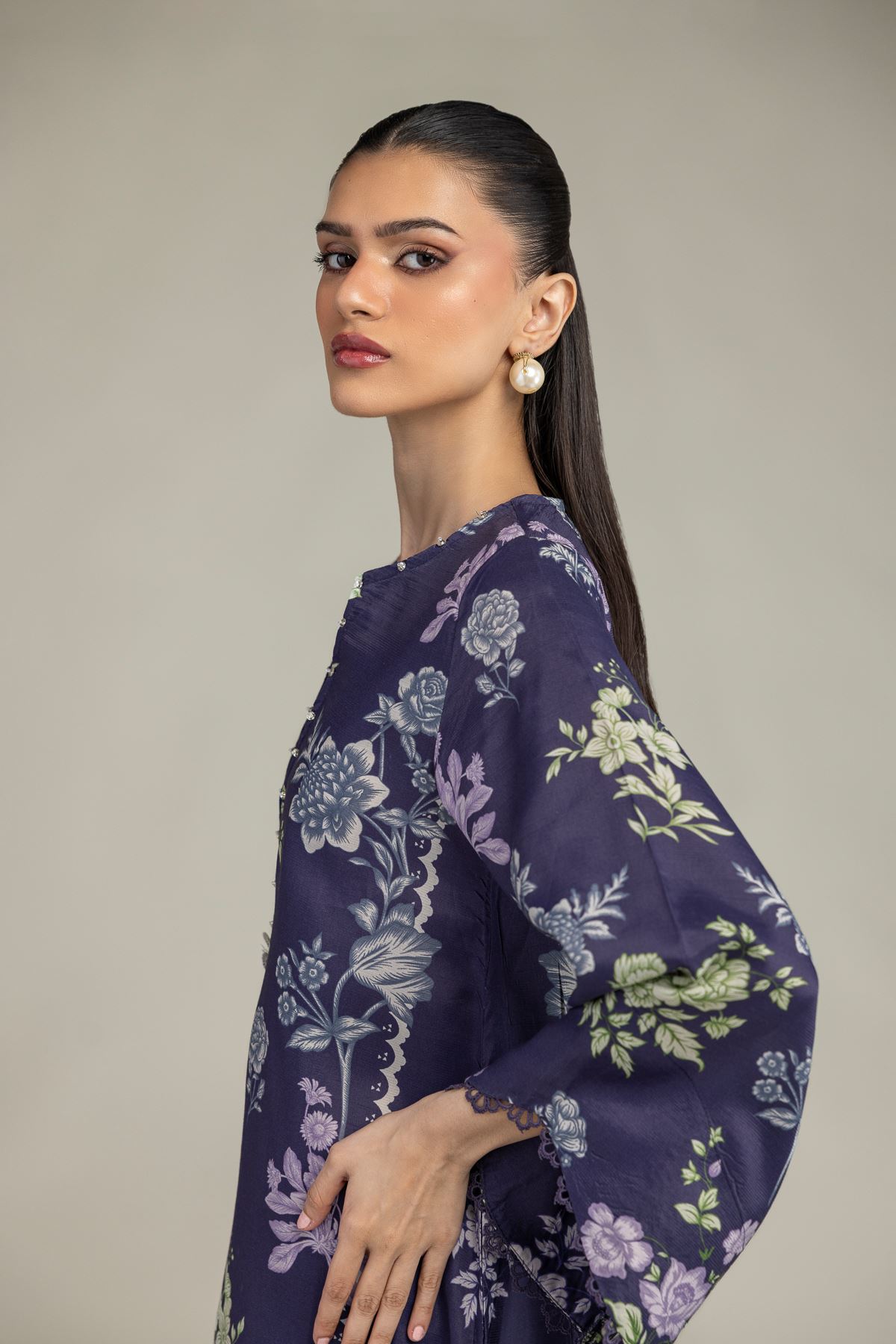 Embroidered Raw Silk Navy Longline Kurta - 1-26-245-A-E1-VG
