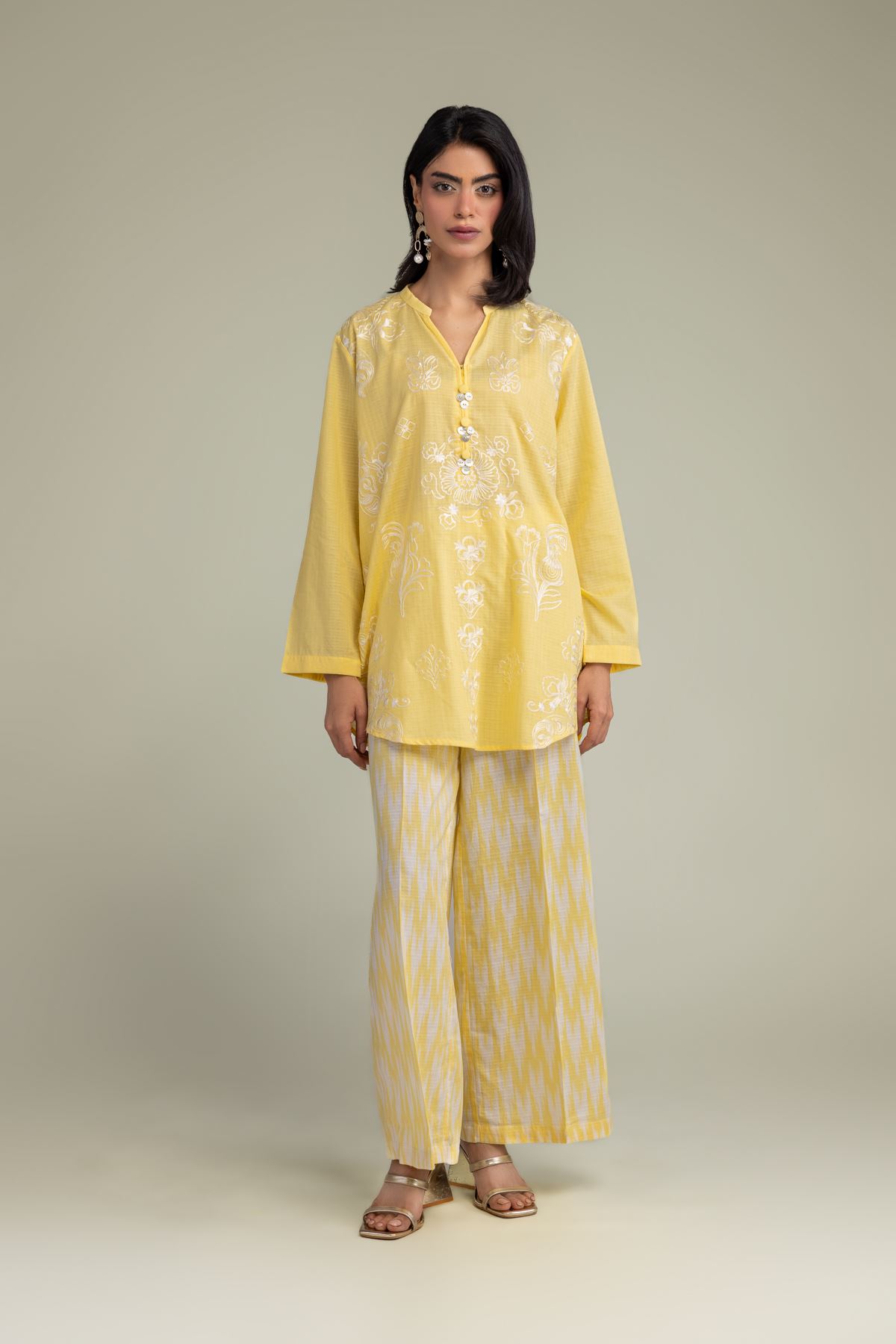 Embroidered Cotton Dobby Yellow Cotton Pants - 1-26-248-B-G1-VG