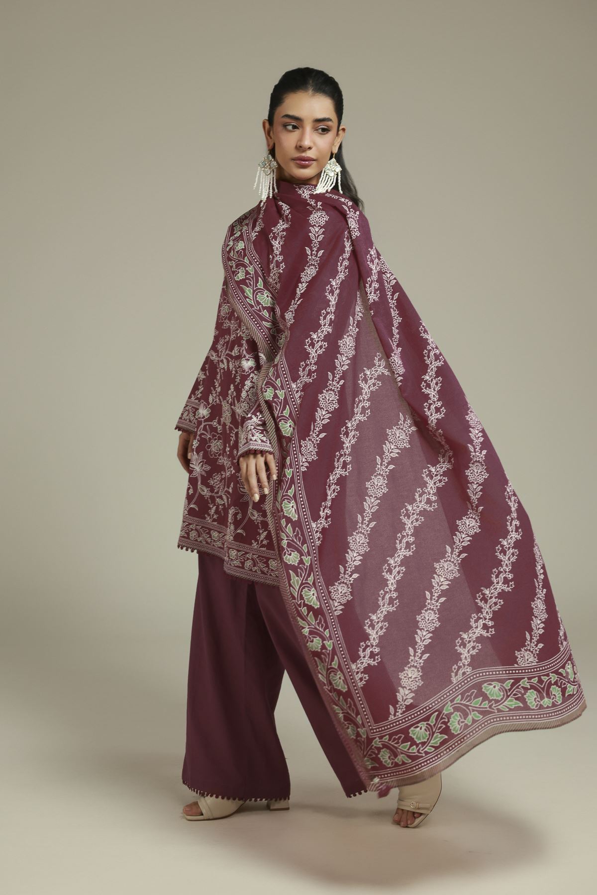 Printed Cambric Tailored Maroon Set - T-A22-26-123FF2-VG