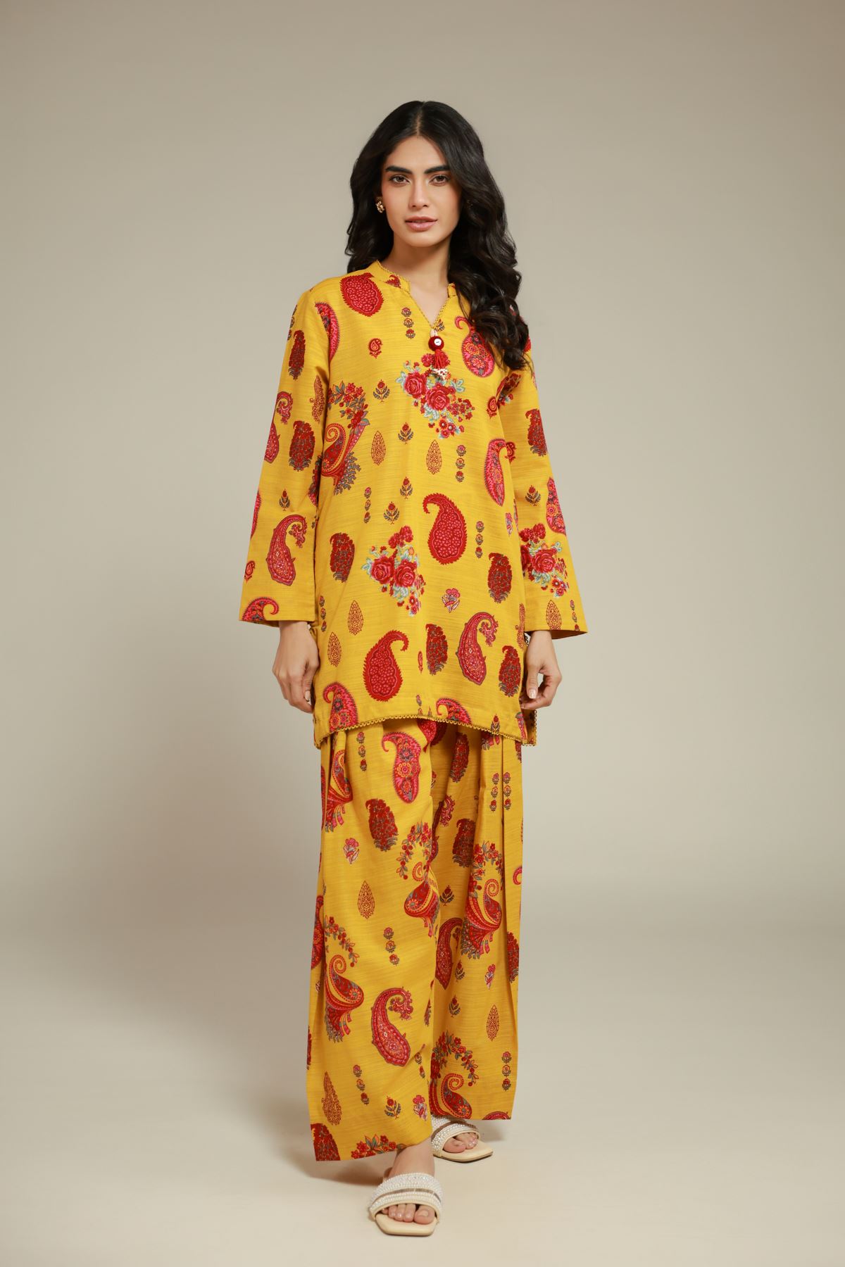 Printed Textured Cotton Paisley Floral Kurta - 1-26-101-A-C-VG