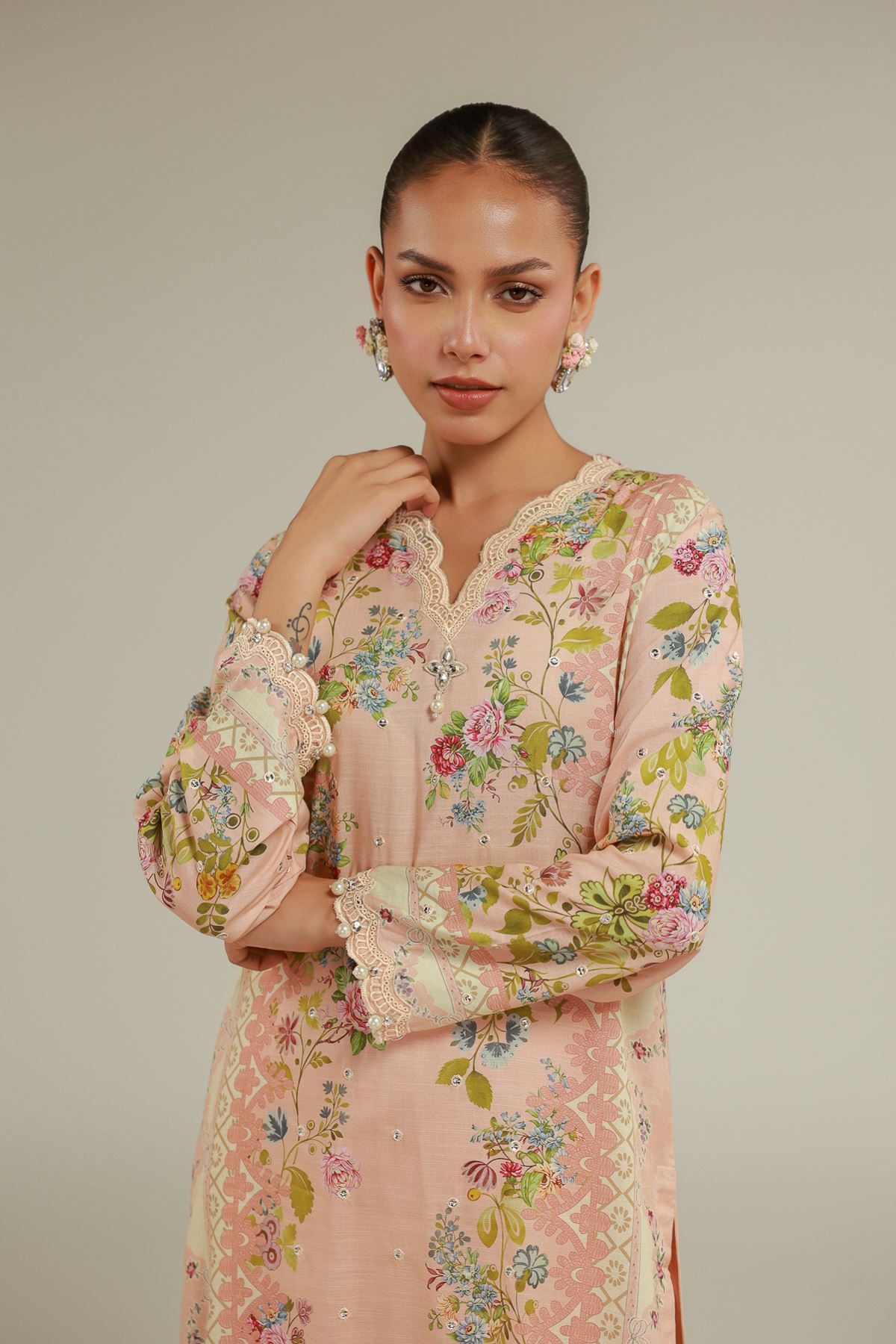 Embroidered Raw Silk Floral Longline Kurta - 2-26-101-A-D-VG