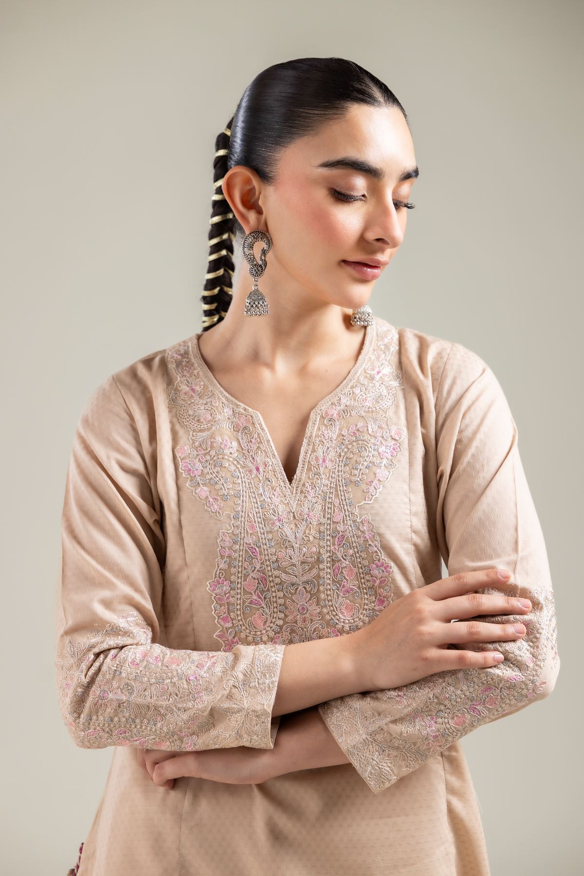 Embroidered Cotton Dobby Beige Embroidered Kurta - 2-26-107-A-F-VG
