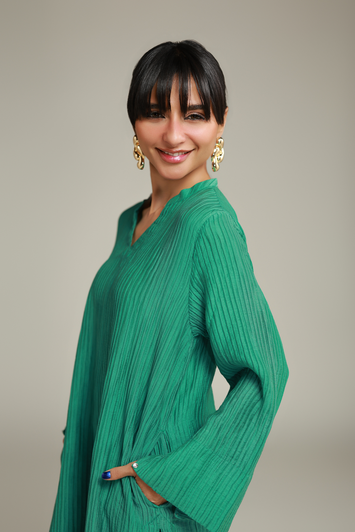 Dyed Blended Crinkle Solid Long Kurta - R-SB25056A-VG