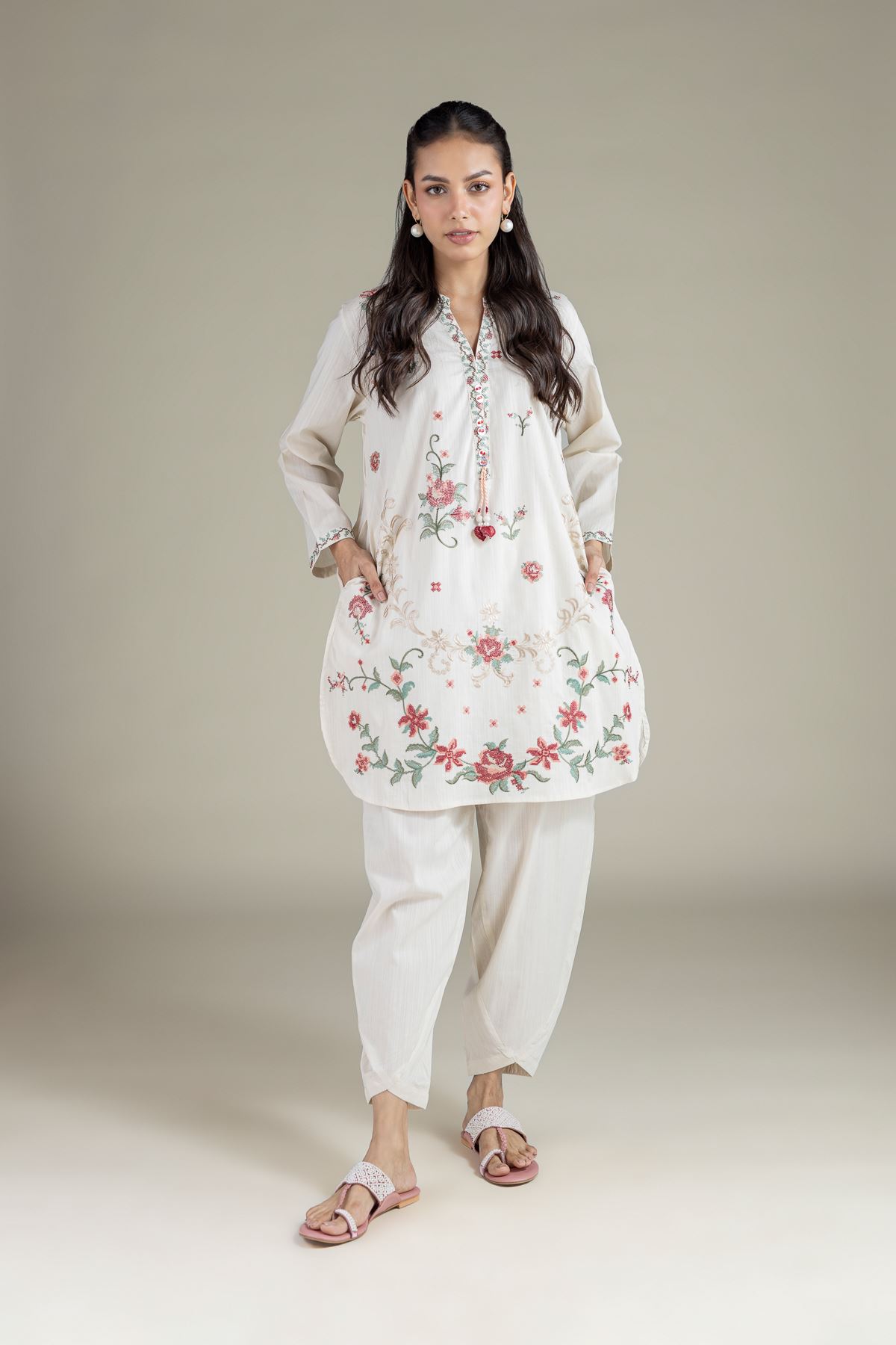 Embroidered Textured Cambric Solid Pants - 1-26-129-A-D-VG