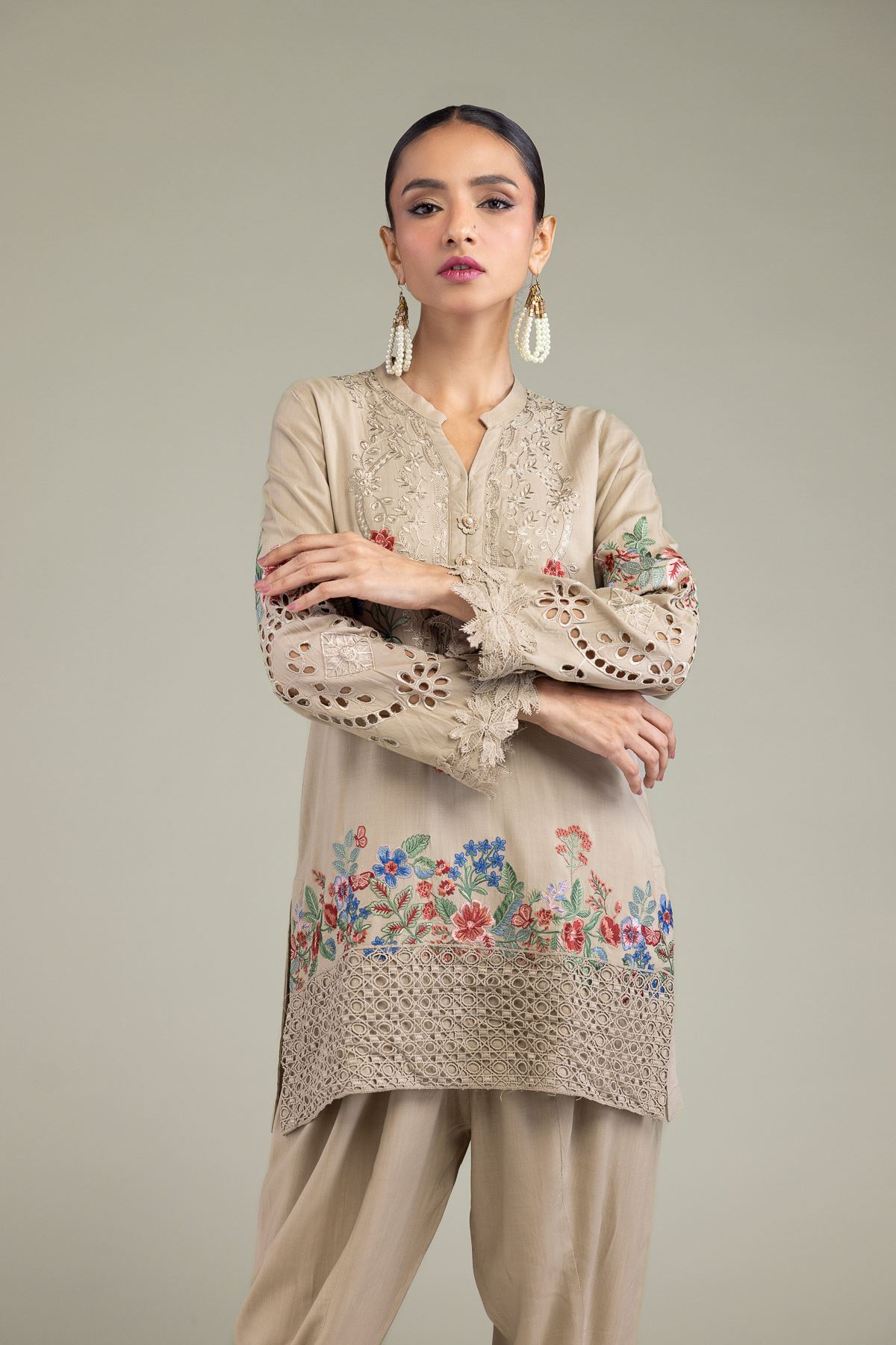 Embroidered Raw Silk Floral Silk Kurta - 1-26-131-A-B-VG